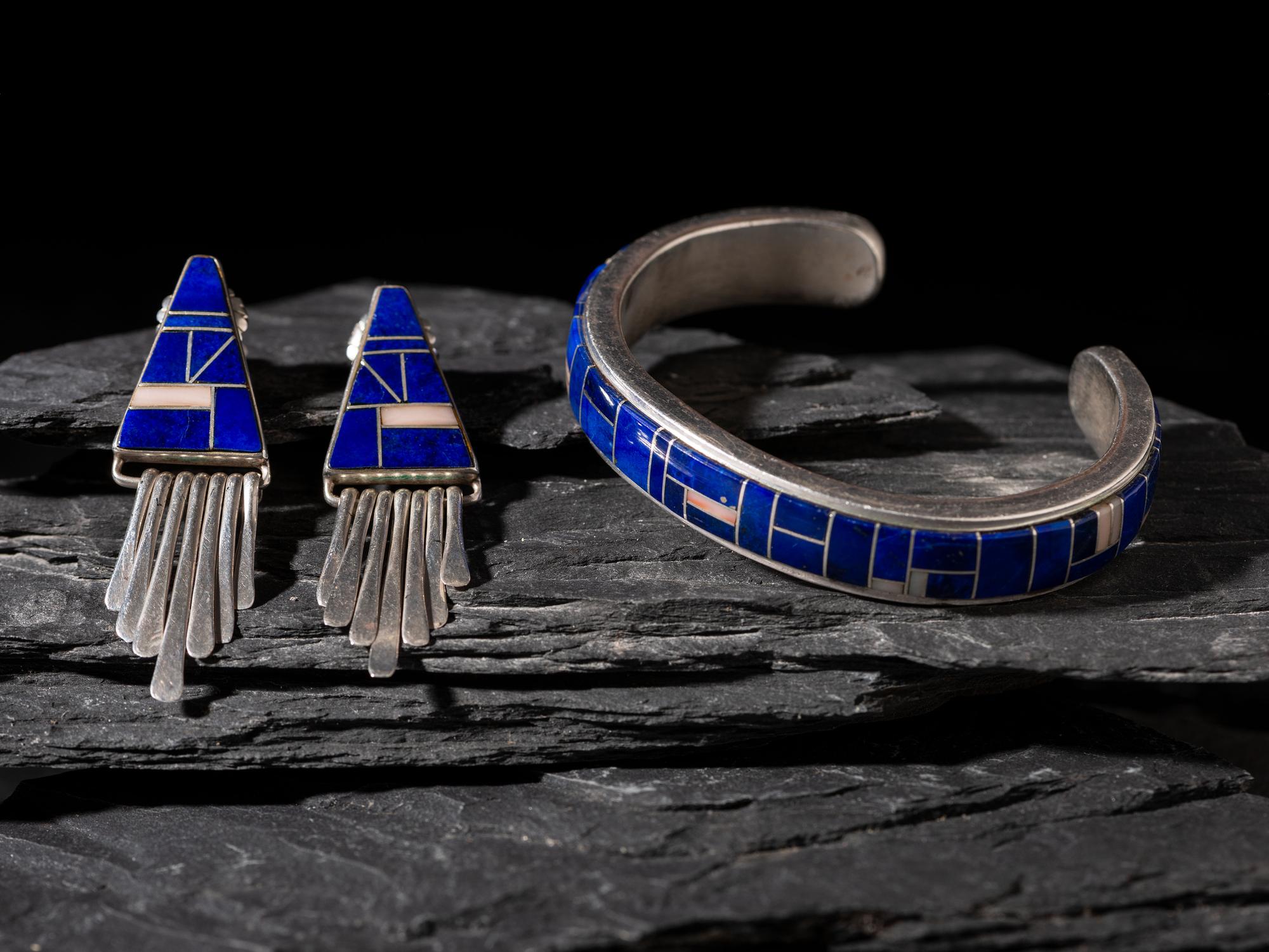 Navajo Sterling Silver and Lapis Channel Inlay Cuff Bracelet and Post Earrings