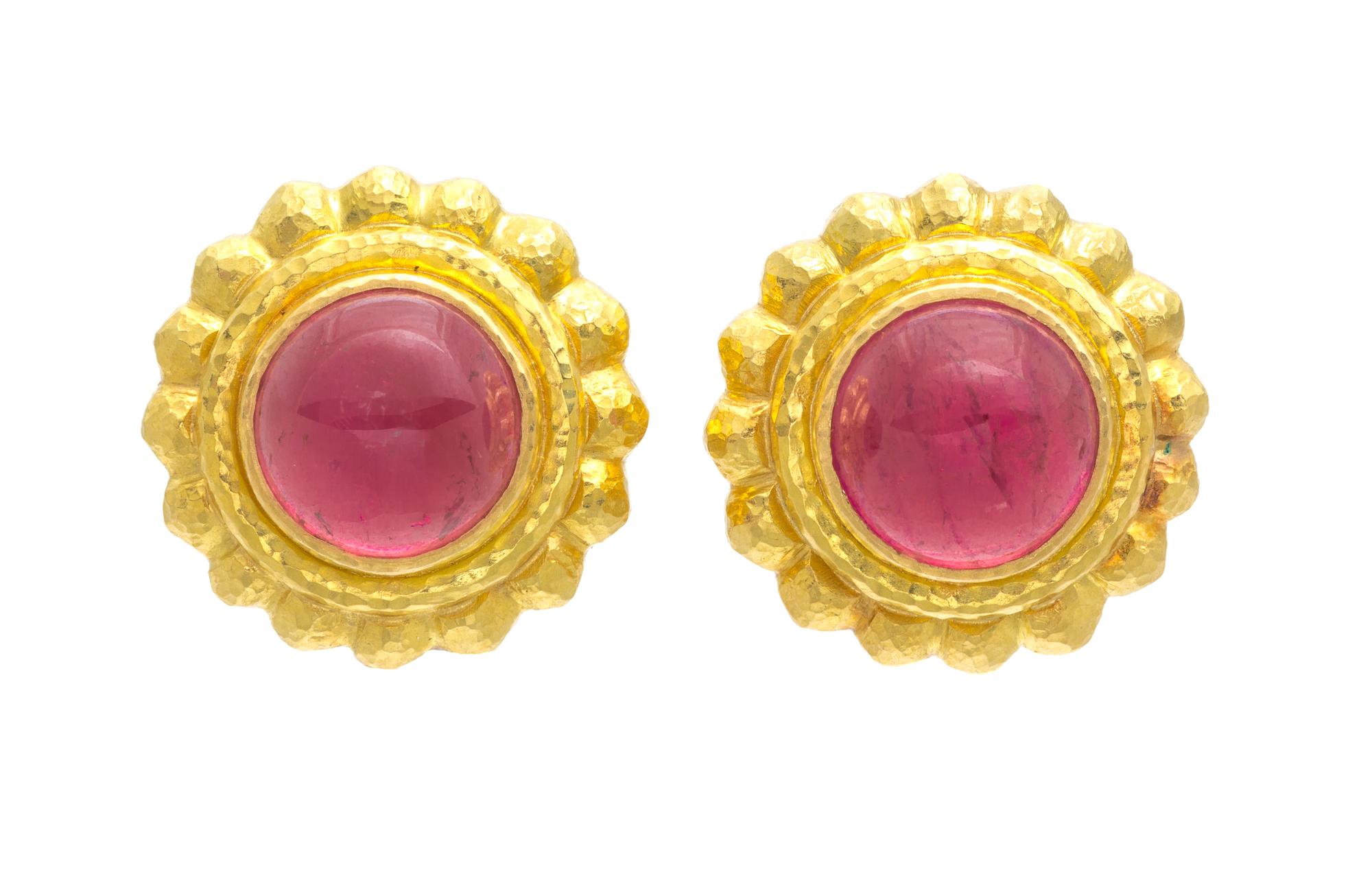 A Pair of 18 Karat Yellow Gold and Pink Tourmaline Earclips, Elizabeth Locke, 12.80 dwts.