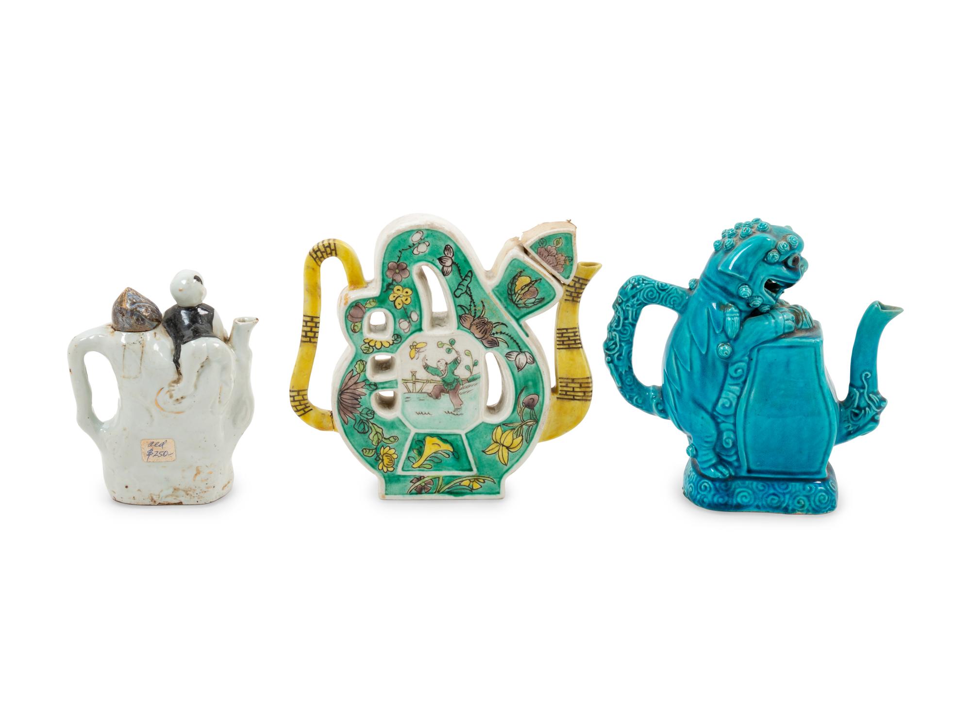 Three Chinese Famille Rose Porcelain Teapots