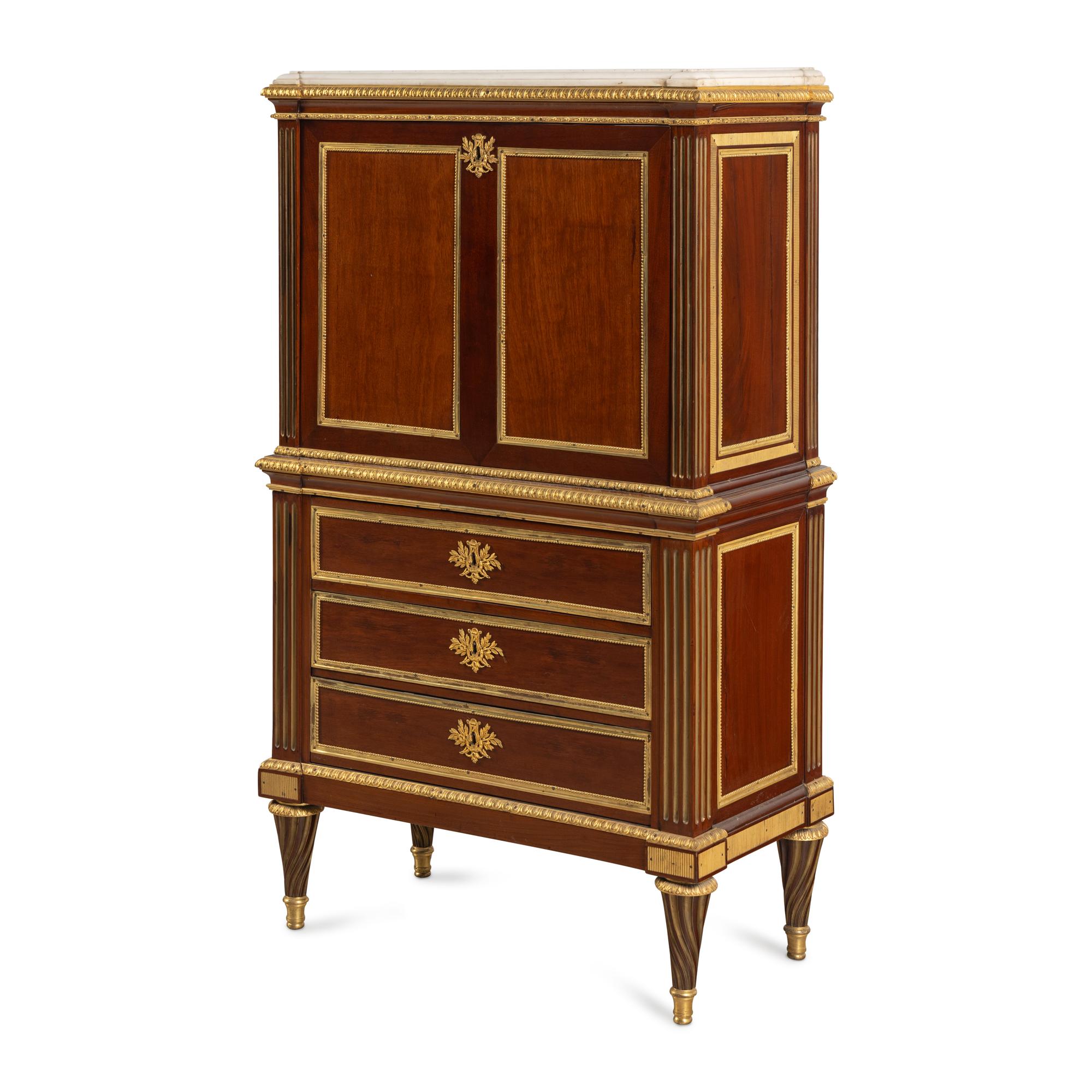 A Louis XVI Brass-Inlaid and Gilt Bronze Mounted Mahogany Secrétaire à Abattant
