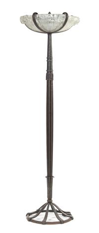 An Art Deco Wrought Iron and Glass Torchere, in the Manner of Ryamond Stubes, Glass Attributed to Muller Frères Height 72 inches.
