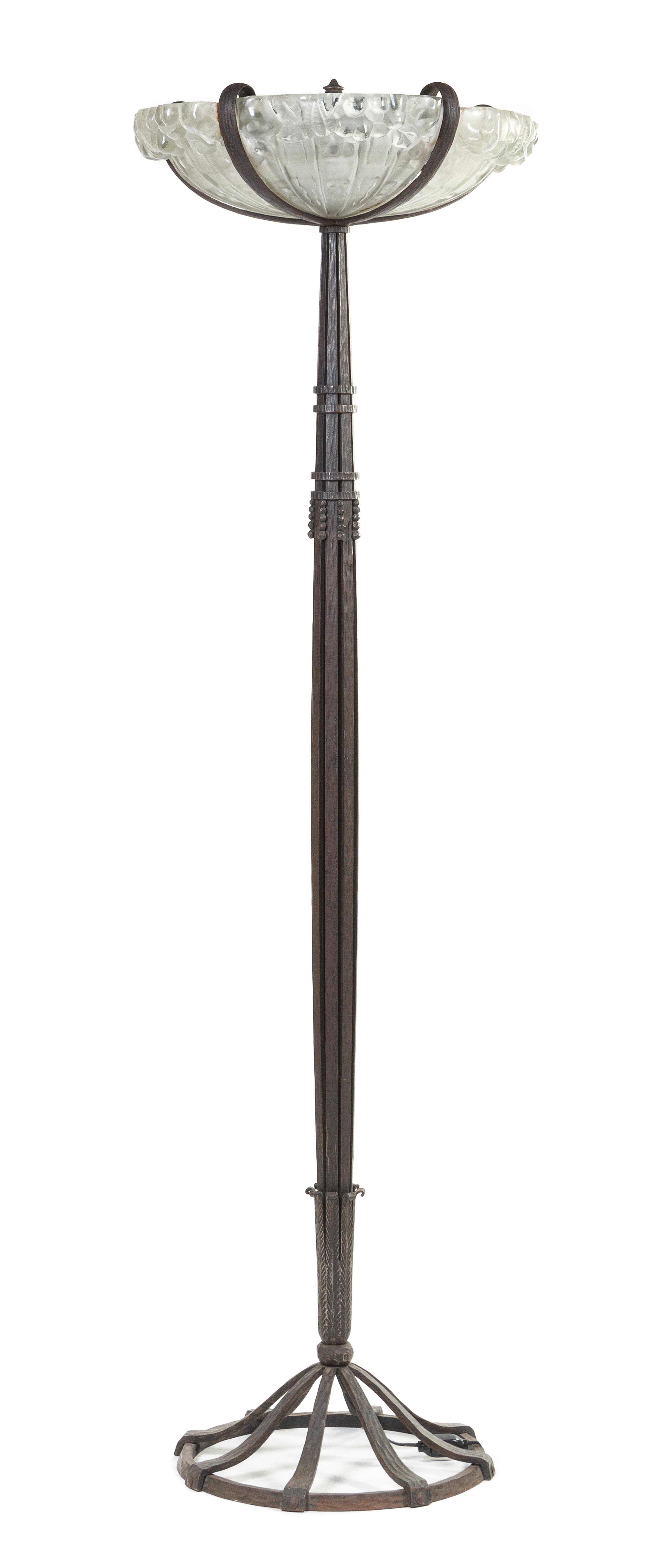 An Art Deco Wrought Iron and Glass Torchere, in the Manner of Ryamond Stubes, Glass Attributed to Muller Frères Height 72 inches.