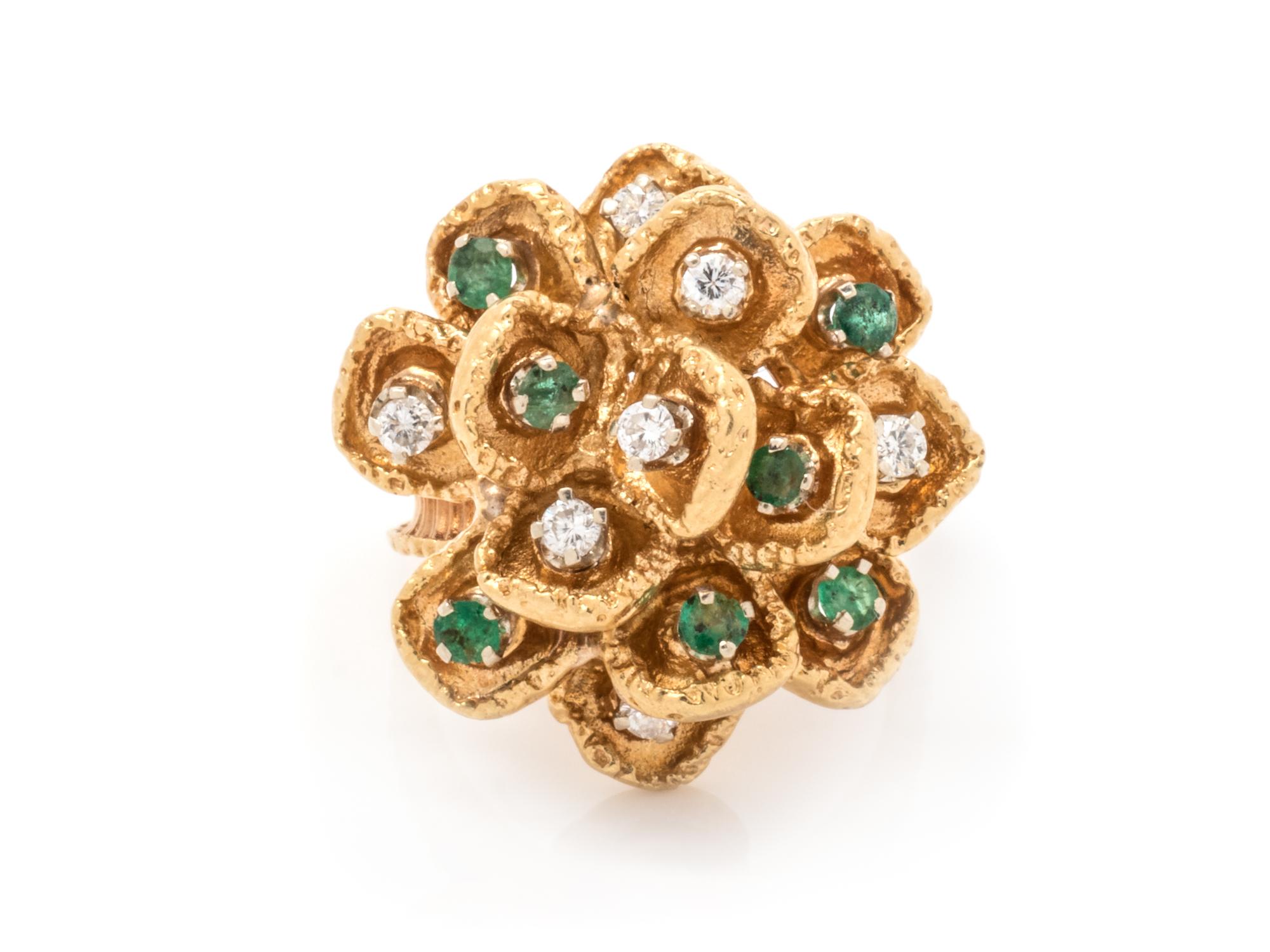A Yellow Gold, Diamond and Emerald Flower Motif Ring,