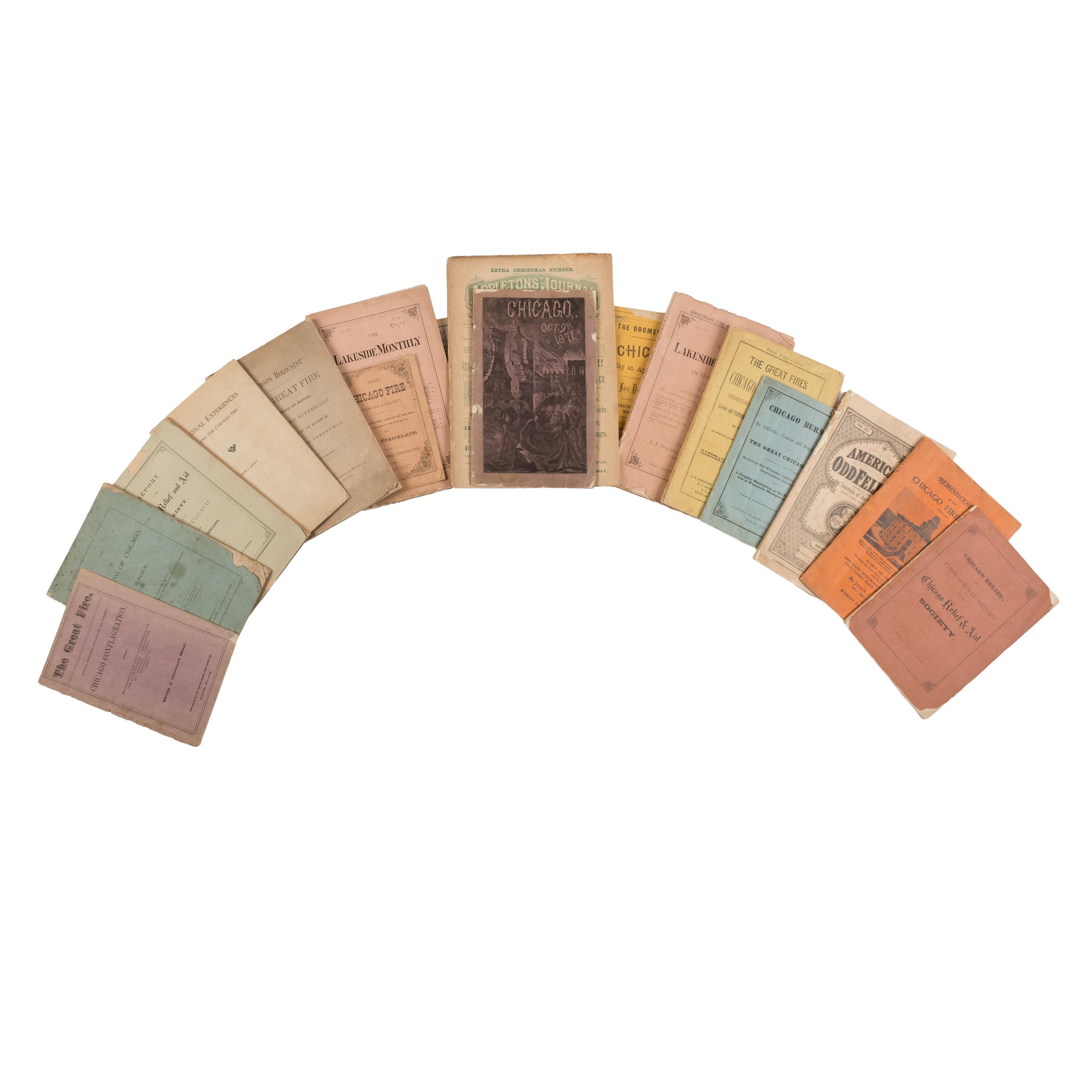 [Chicago Fire]. A group of 30 pamphlets related to the Great Chicago Fire, including: