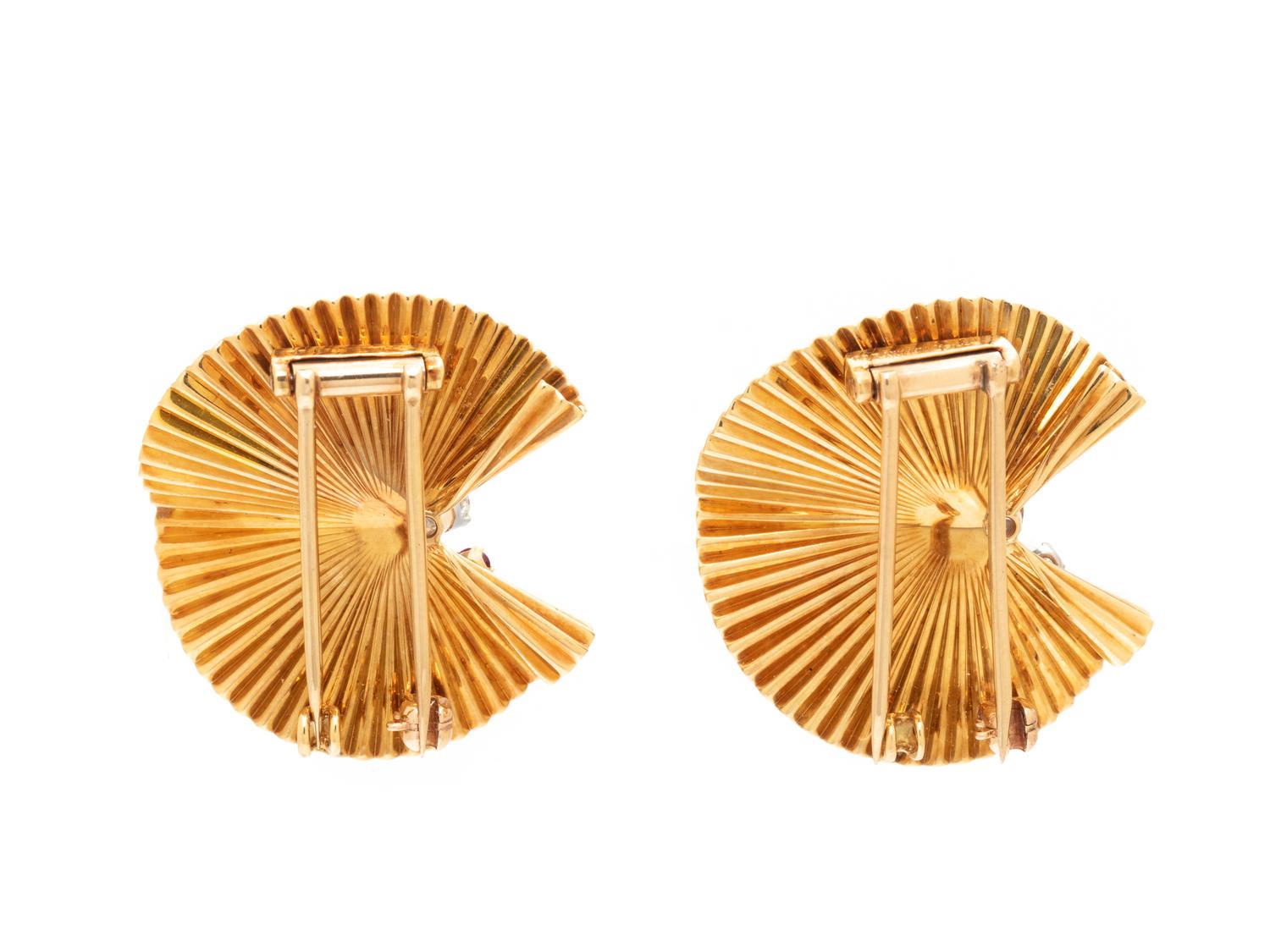 MCTEIGUE FOR TIFFANY & CO., PAIR OF YELLOW GOLD, DIAMOND, AND RUBY FAN BROOCHES