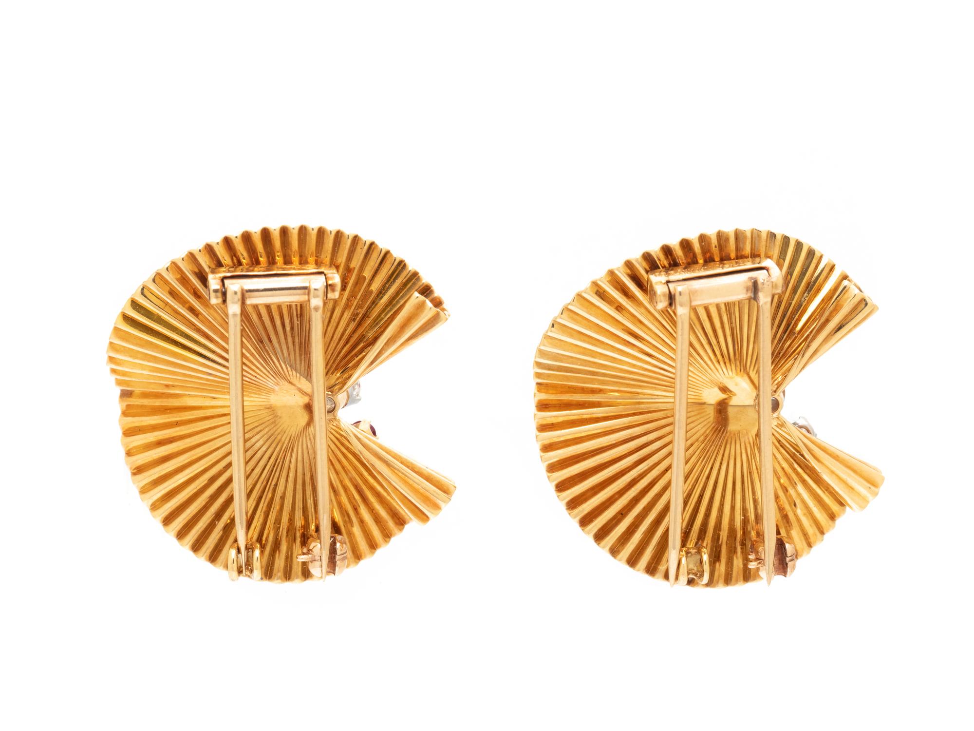 MCTEIGUE FOR TIFFANY & CO., PAIR OF YELLOW GOLD, DIAMOND, AND RUBY FAN BROOCHES