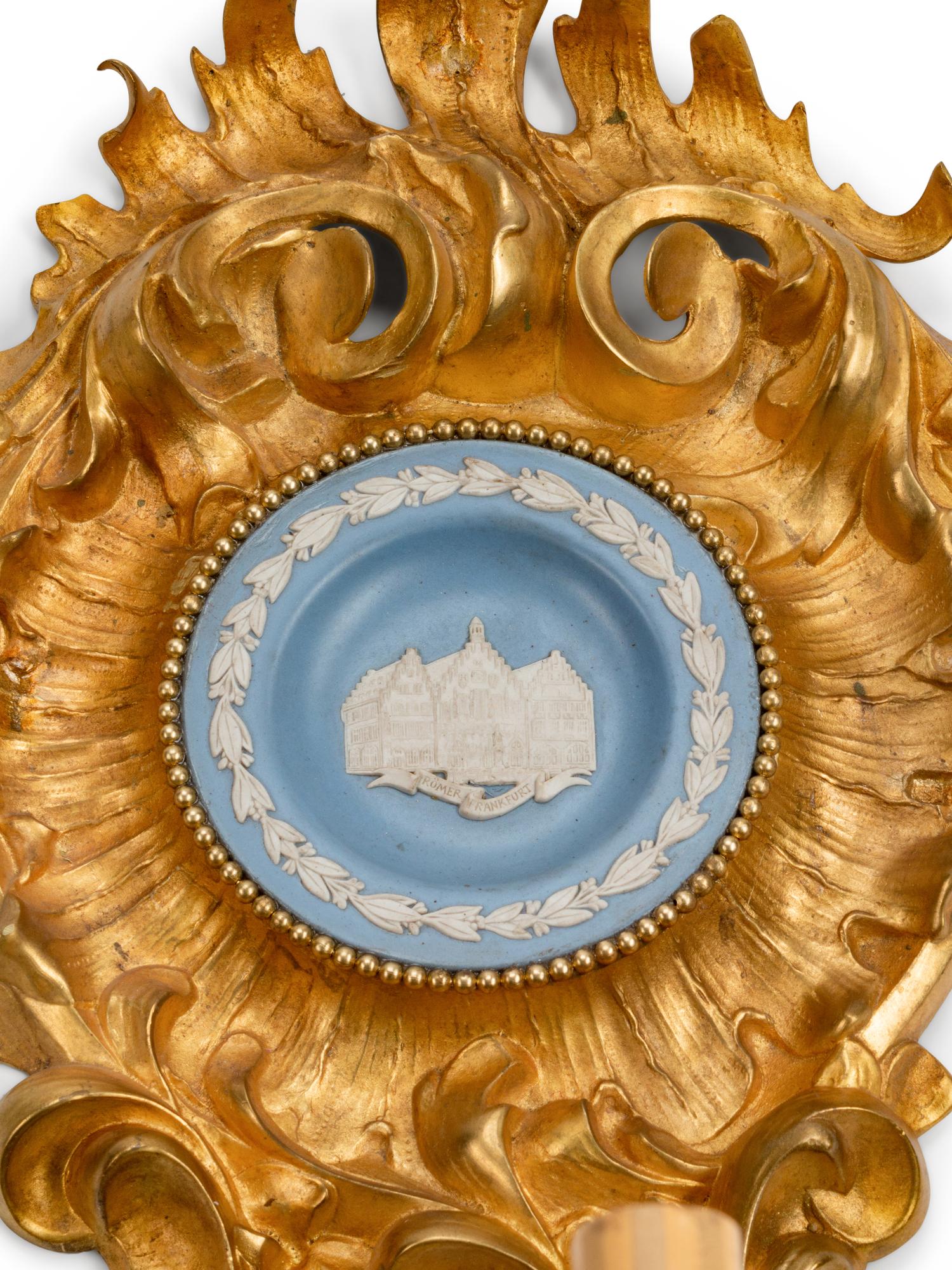 A Pair of Louis XV Style Blue and White Jasperware-Mounted Gilt-Bronze Three-Light Sconces — 19TH CENTURY