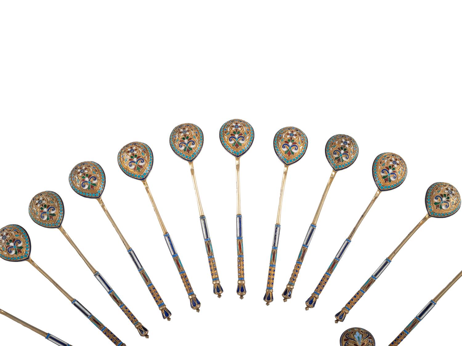 Sixteen Russian Silver and Enamel Spoons