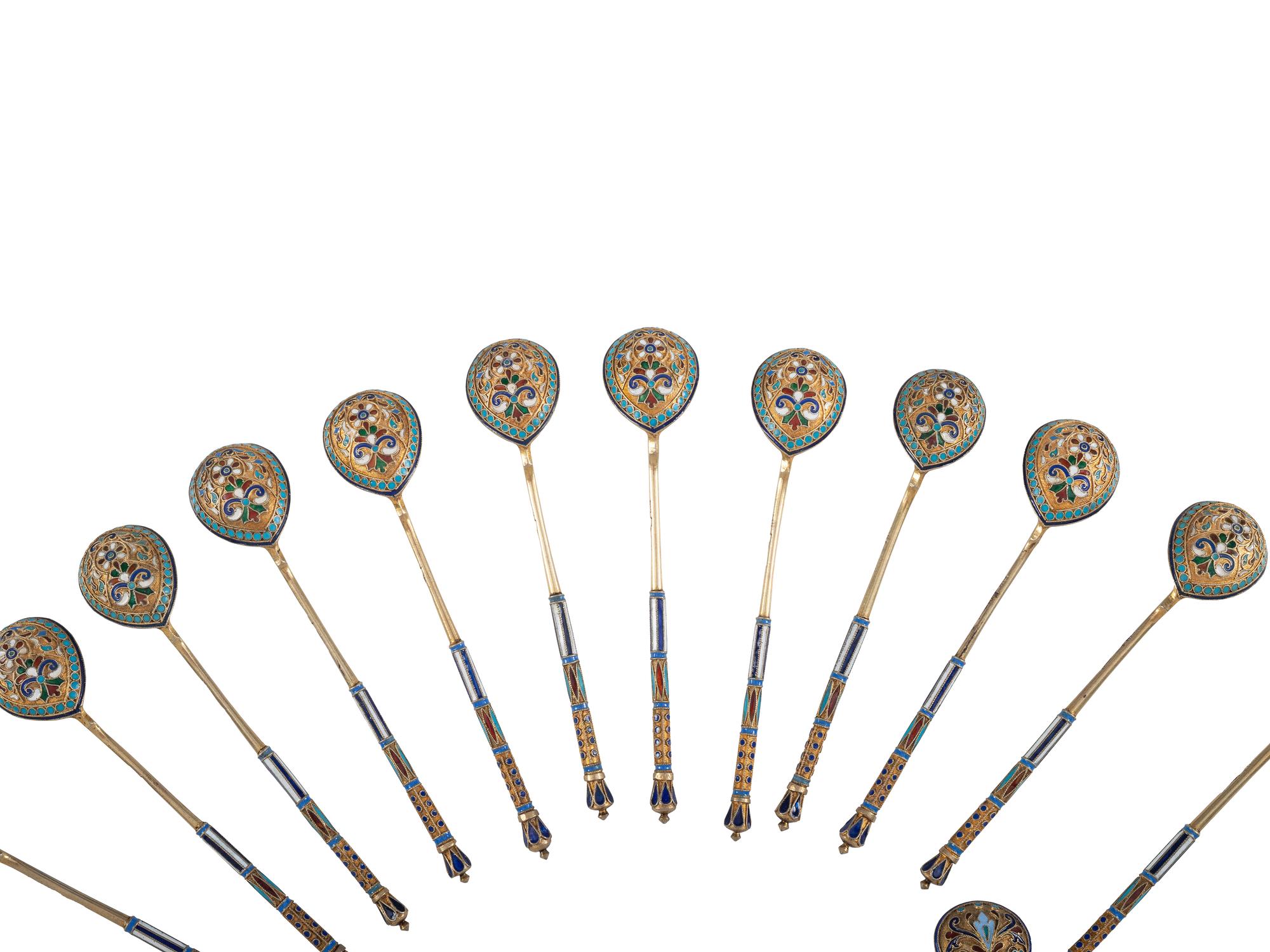 Sixteen Russian Silver and Enamel Spoons