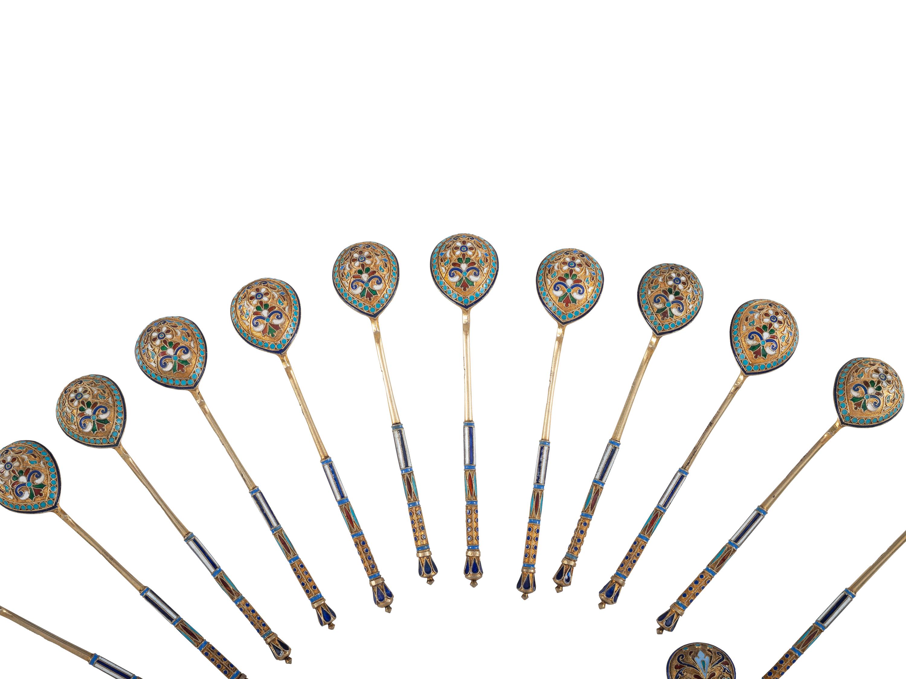 Sixteen Russian Silver and Enamel Spoons