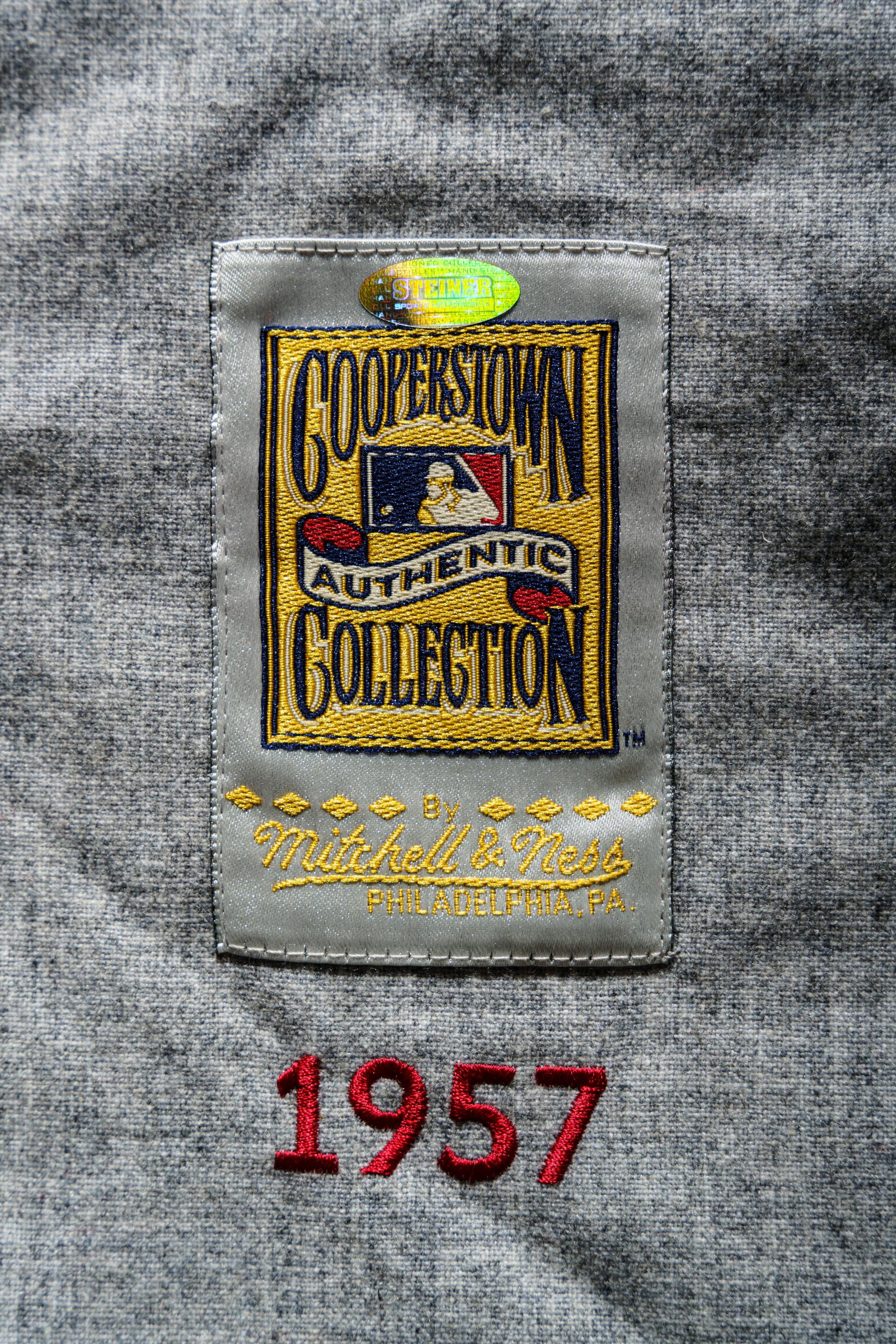 A Hank Aaron Signed 1957 Milwaukee Braves Mitchell & Ness Cooperston Collection Baseball Jersey (Steiner),