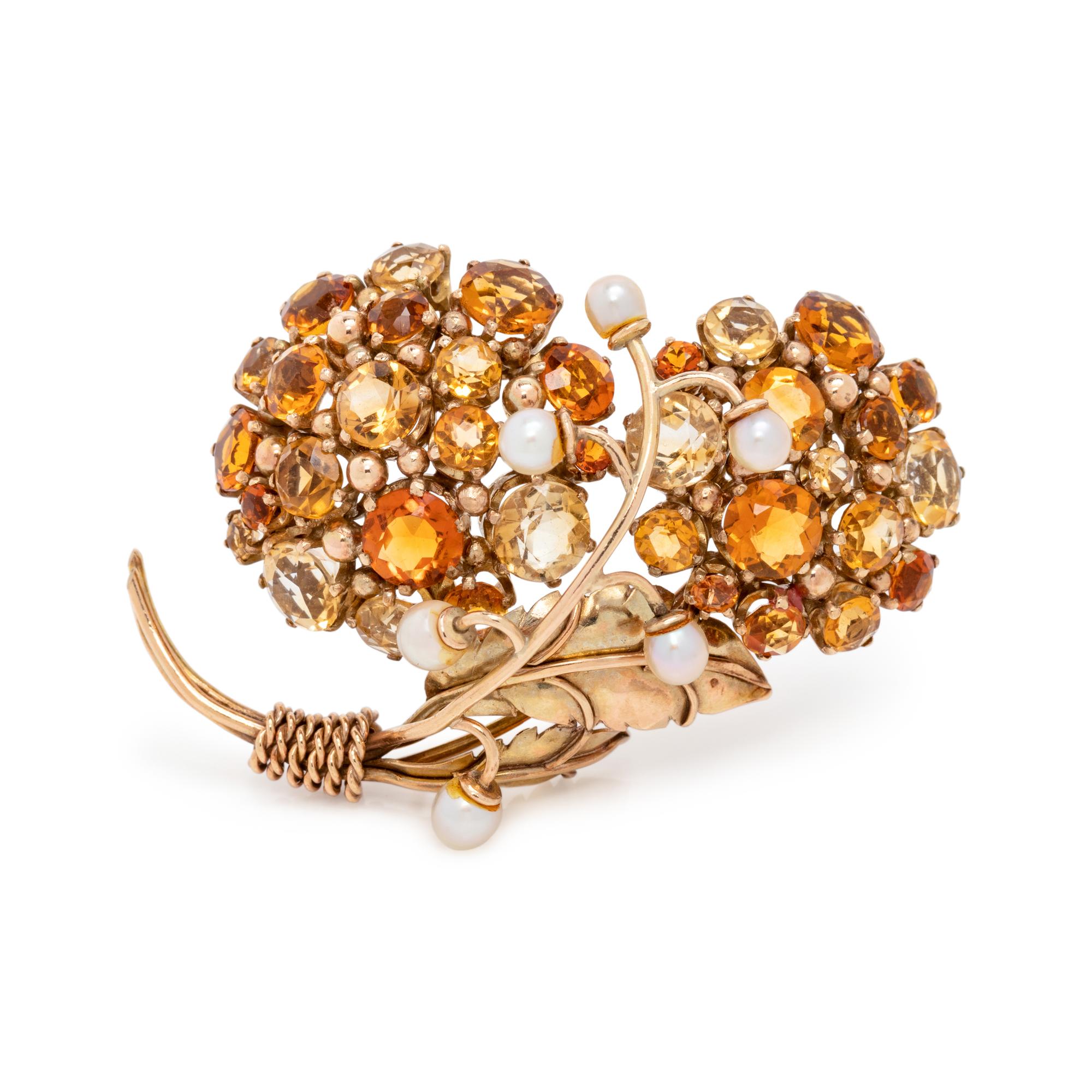 YELLOW GOLD, CITRINE AND CULTURED PEARL BROOCH