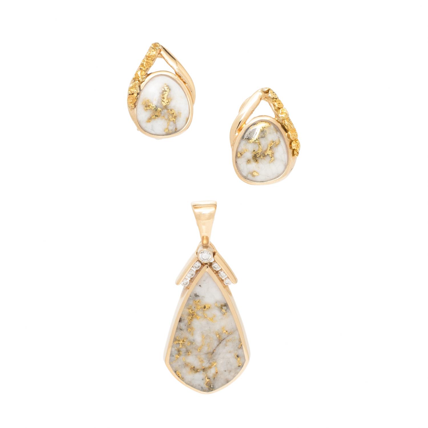 Gold-In-Quartz and Yellow Gold Earrings and Pendant