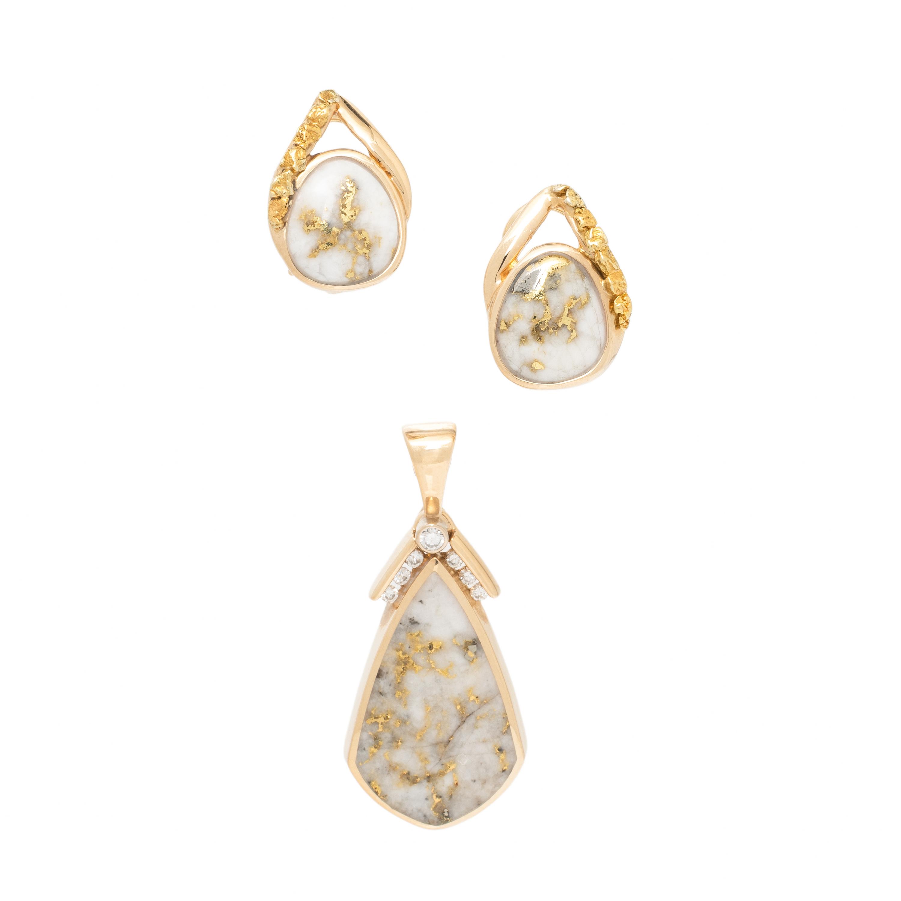Gold-In-Quartz and Yellow Gold Earrings and Pendant