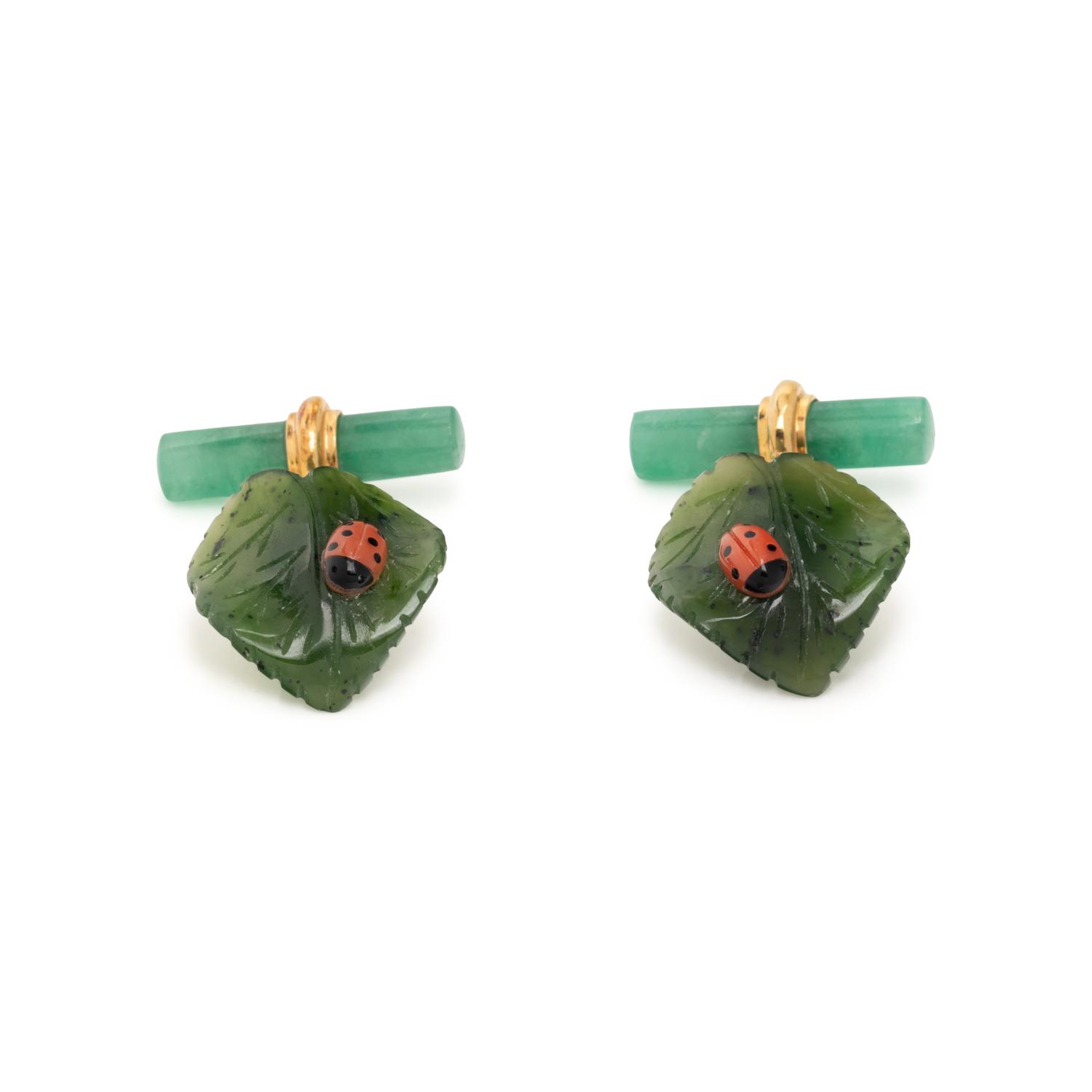 NEPHRITE, CORAL AND JADE LADYBUG CUFFLINKS