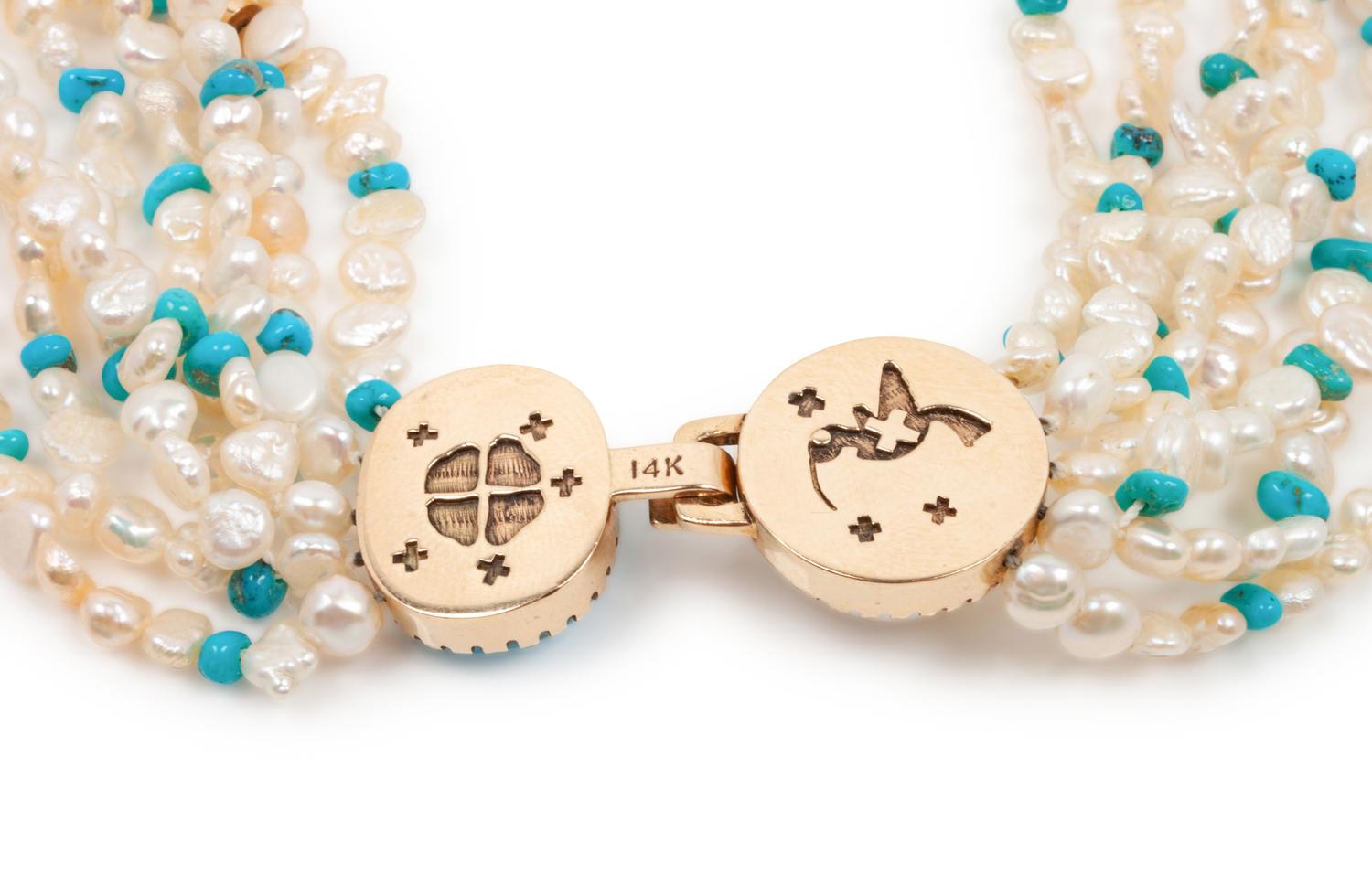 14k Gold, Pearl, and Turquoise Multi-Strand Necklace