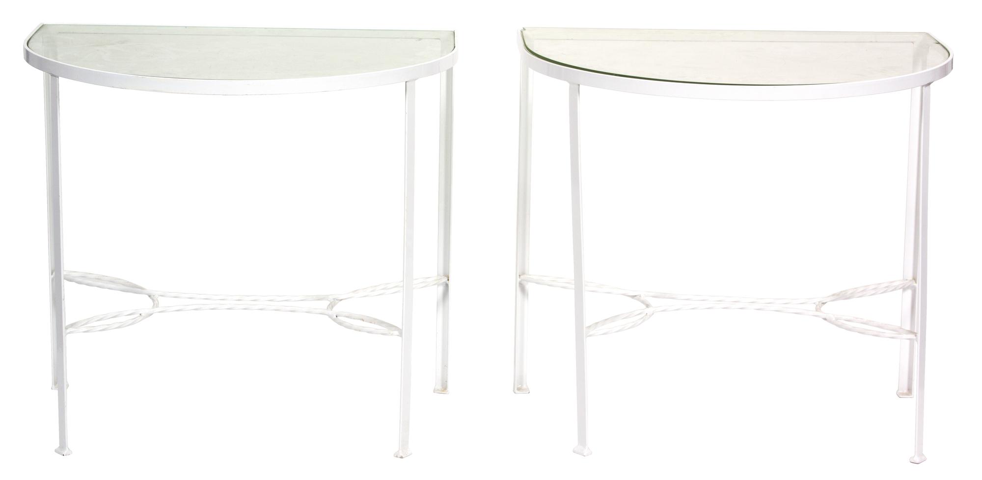 A Group of White Painted Iron Garden Furniture Dining table height 29 x length 60 x width 32 inches. — 20TH CENTURY