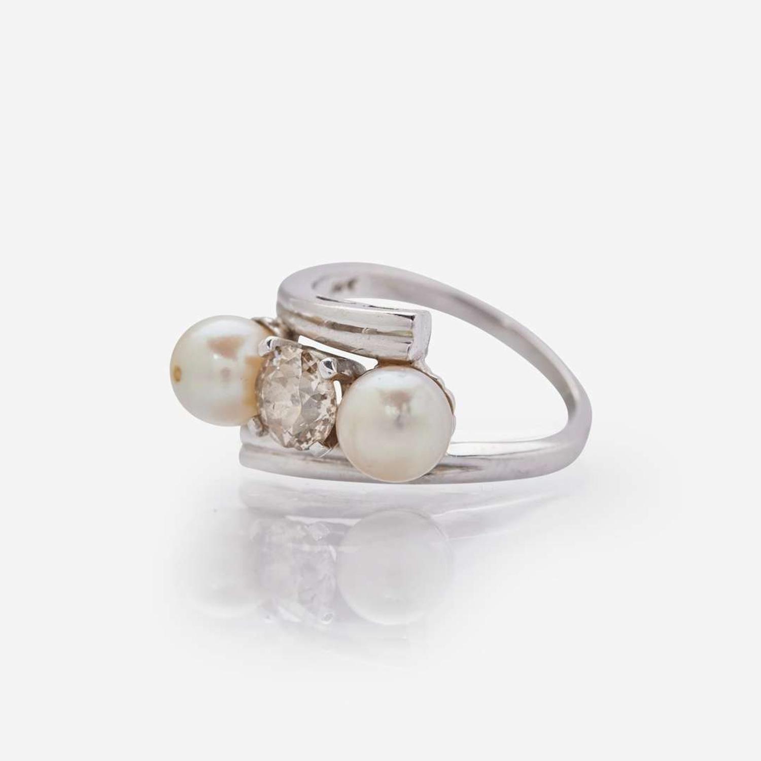 A 14K White Gold, Diamond, and Pearl Ring