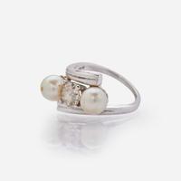 A 14K White Gold, Diamond, and Pearl Ring