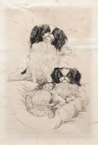 Three Works of Art depicting Japanese Chins Largest: 15 x 20 inches.