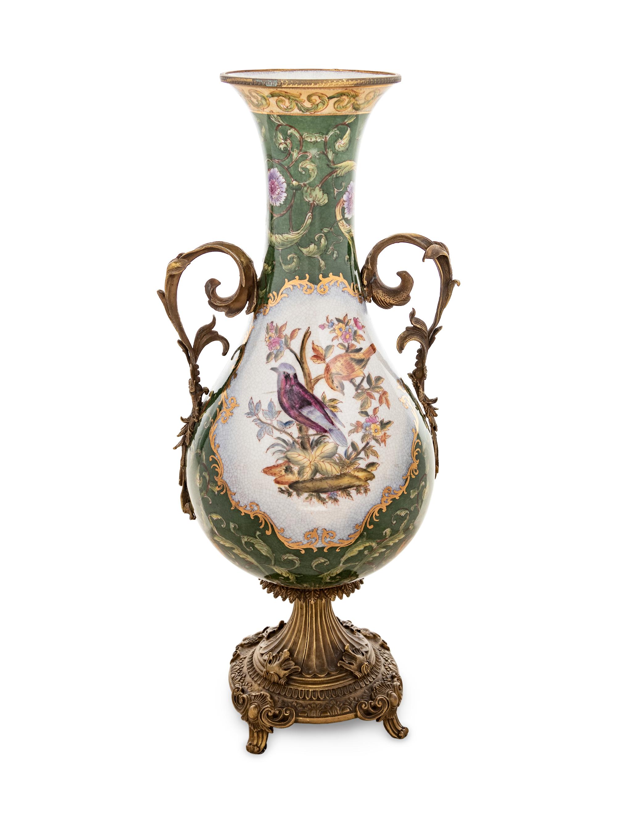 A Continental Gilt Metal Mounted Transfer-Decorated Porcelain Vase