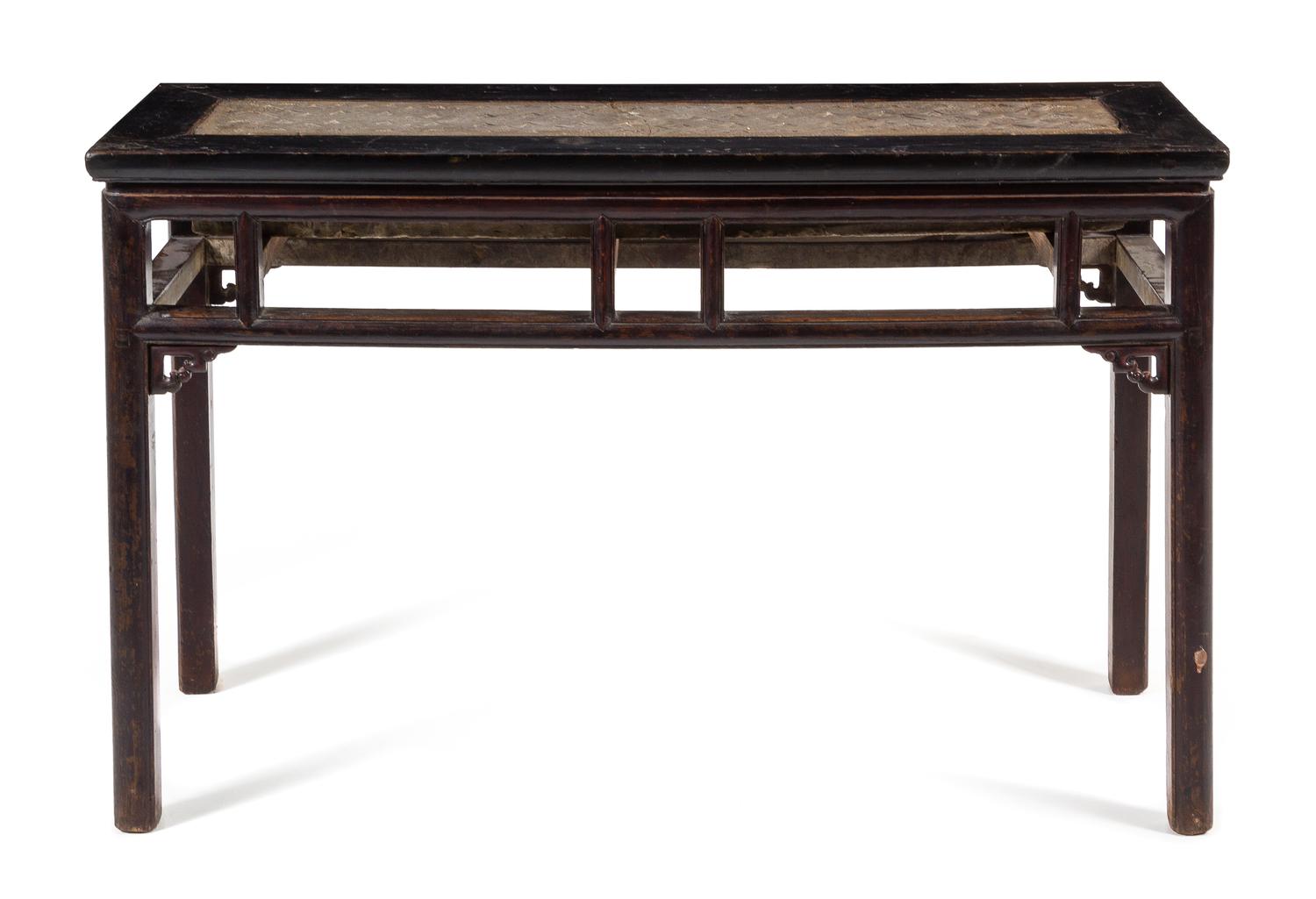 A Greystone Inset Black Lacquered Hardwood Altar Table, Tiaozhuo Height 33 1/2 x length 52 1/2 x depth 19 1/4 inches. — STONE: HAN DYNASTY (206 B.C.-200 A.D.)TABLE: 19TH CENTURY