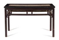 A Greystone Inset Black Lacquered Hardwood Altar Table, Tiaozhuo Height 33 1/2 x length 52 1/2 x depth 19 1/4 inches. — STONE: HAN DYNASTY (206 B.C.-200 A.D.)TABLE: 19TH CENTURY