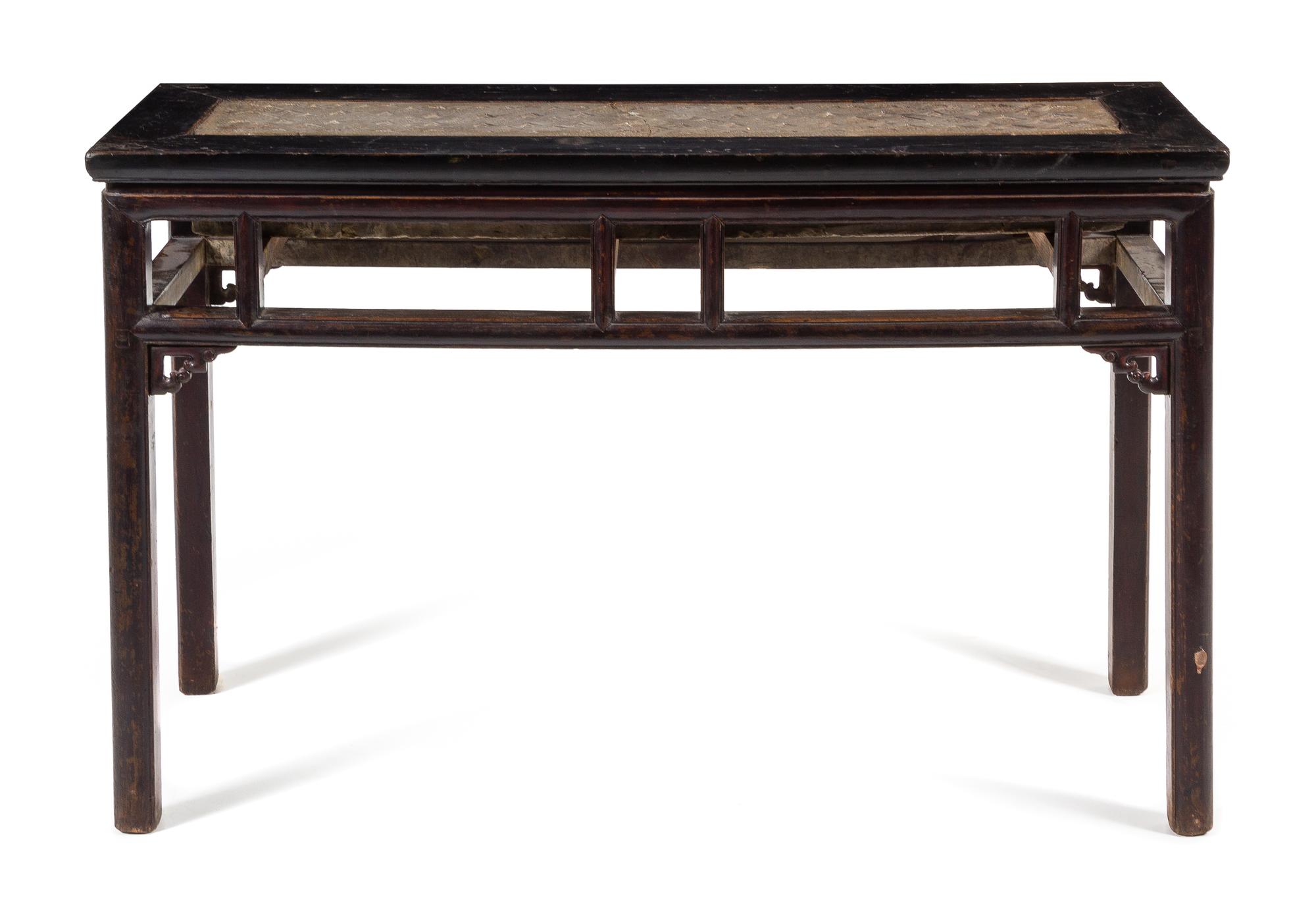 A Greystone Inset Black Lacquered Hardwood Altar Table, Tiaozhuo Height 33 1/2 x length 52 1/2 x depth 19 1/4 inches. — STONE: HAN DYNASTY (206 B.C.-200 A.D.)TABLE: 19TH CENTURY