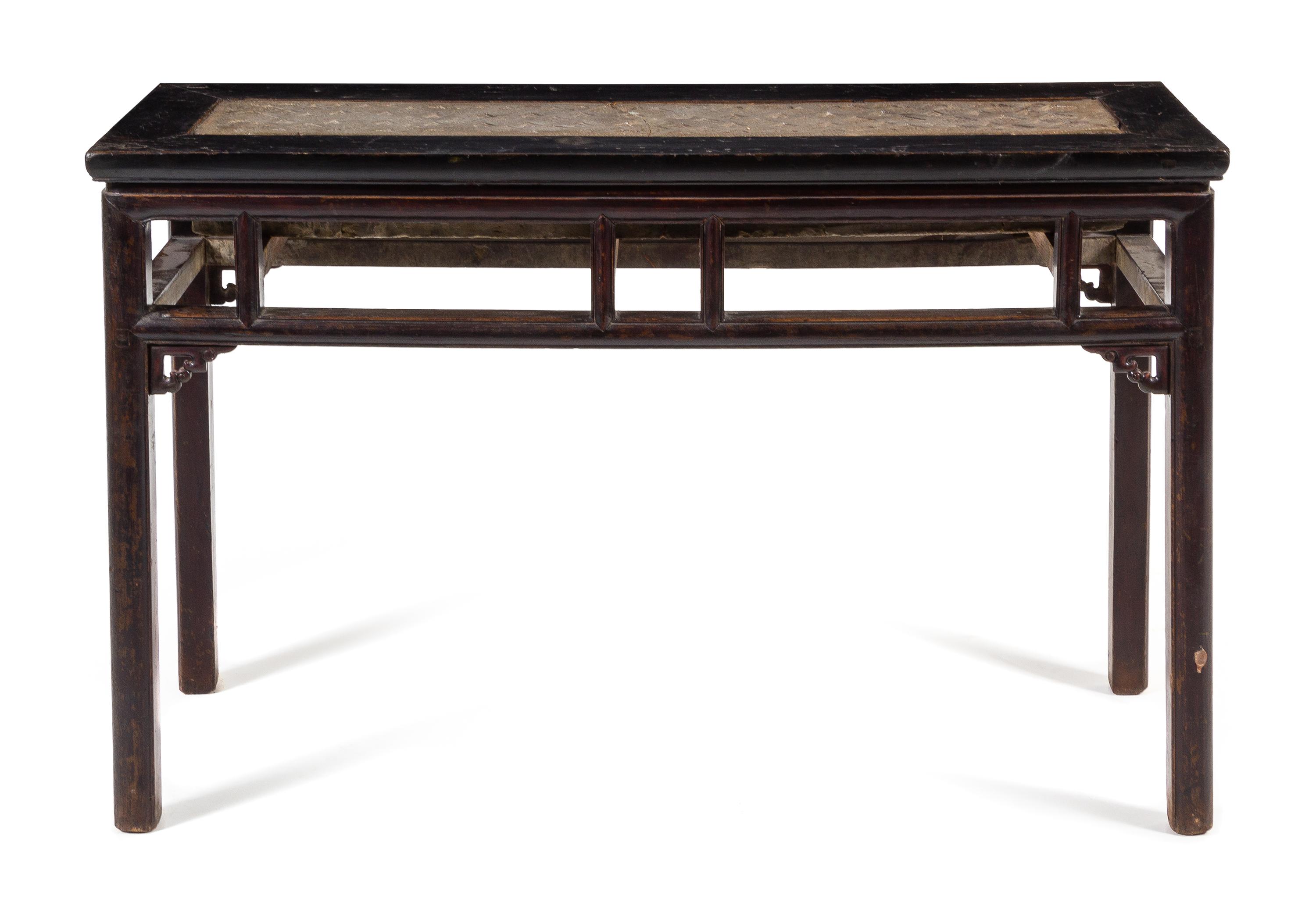 A Greystone Inset Black Lacquered Hardwood Altar Table, Tiaozhuo Height 33 1/2 x length 52 1/2 x depth 19 1/4 inches. — STONE: HAN DYNASTY (206 B.C.-200 A.D.)TABLE: 19TH CENTURY