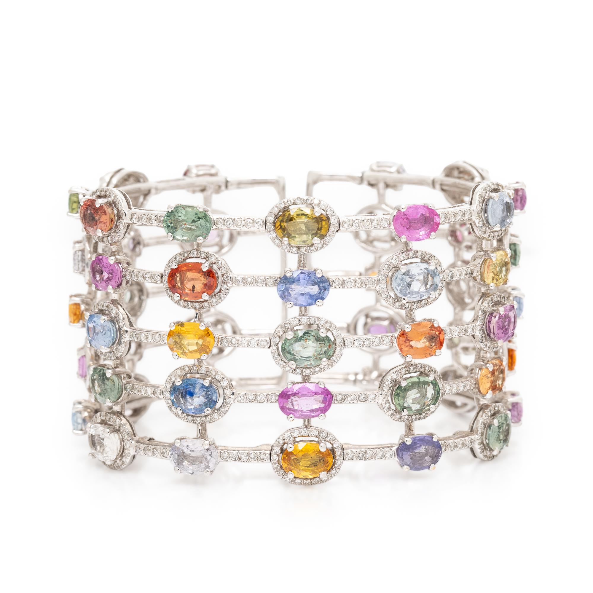 Multicolored Sapphire, Diamond, and White Gold Cuff Bracelet