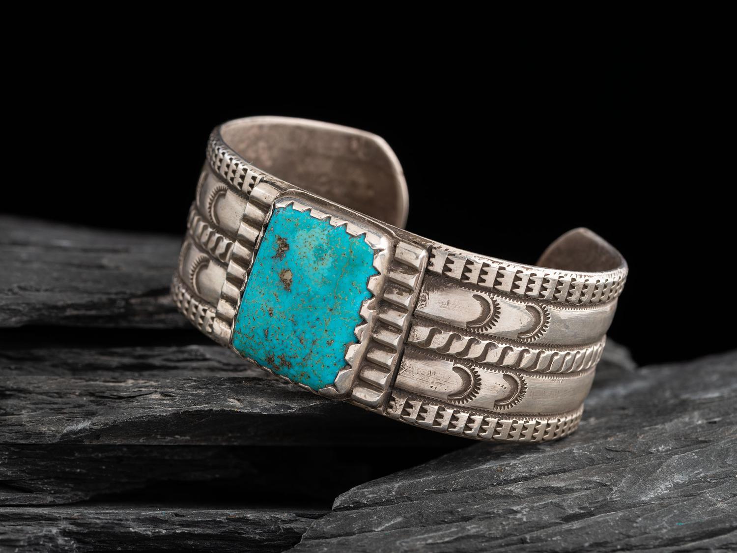 Navajo Stamped Ingot and Turquoise Cuff Bracelet