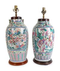 A Pair of Famille Rose Porcelain Vases Mounted as Lamps — EARLY 20TH CENTURY