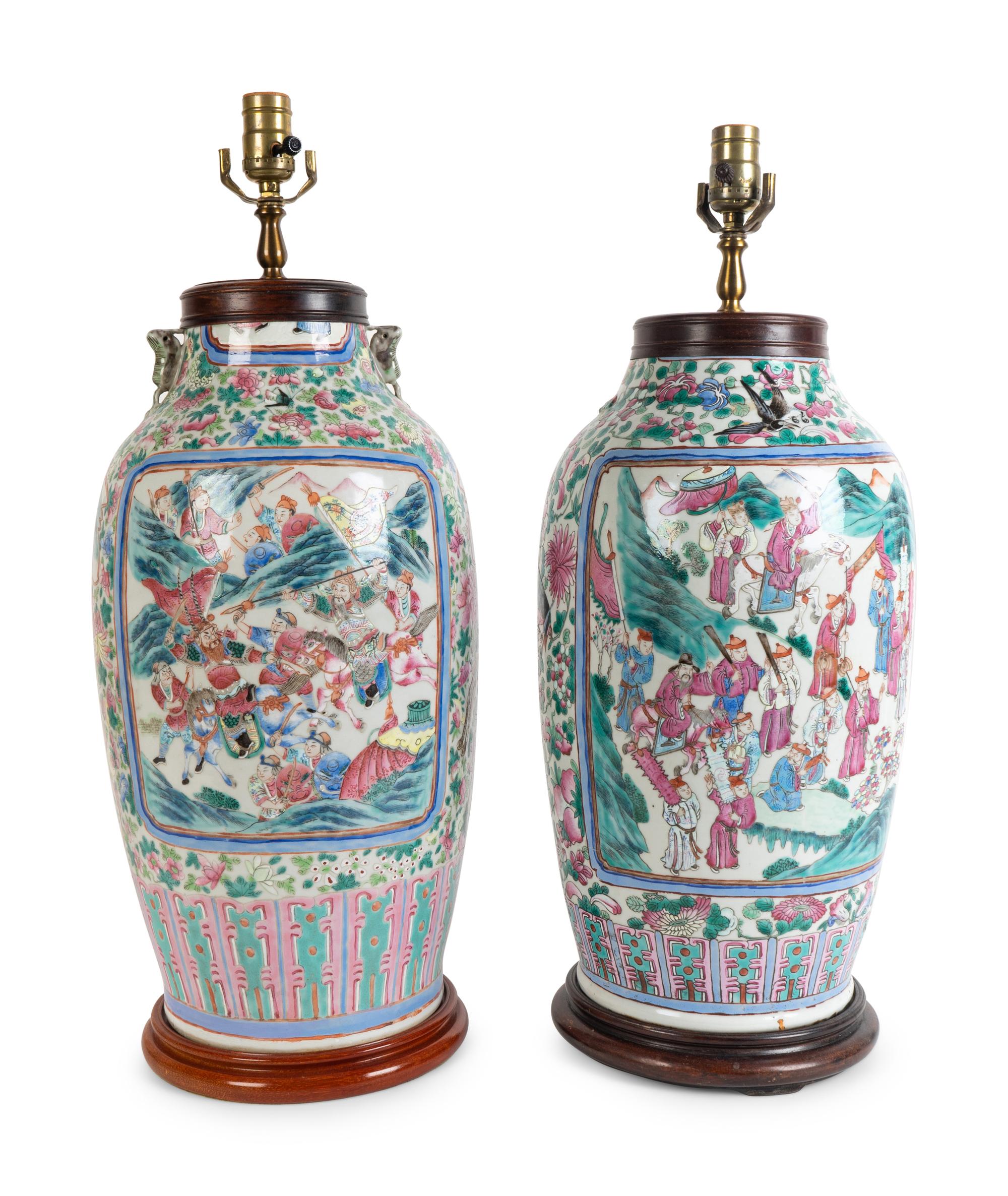 A Pair of Famille Rose Porcelain Vases Mounted as Lamps — EARLY 20TH CENTURY