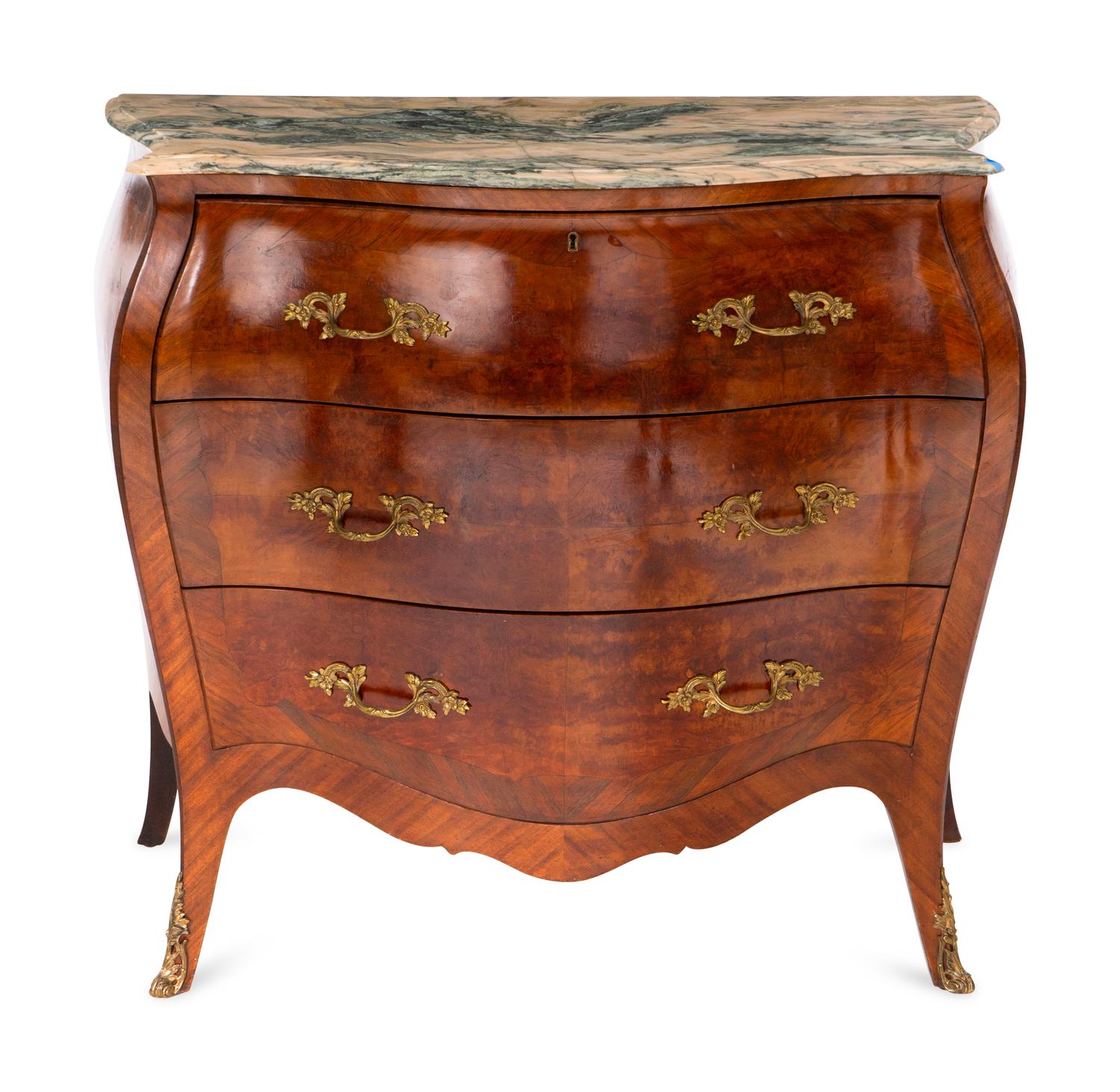 An Italian Bombe-Form Burled Walnut Three-Piece Bedroom Suite with Marble Tops