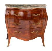 An Italian Bombe-Form Burled Walnut Three-Piece Bedroom Suite with Marble Tops