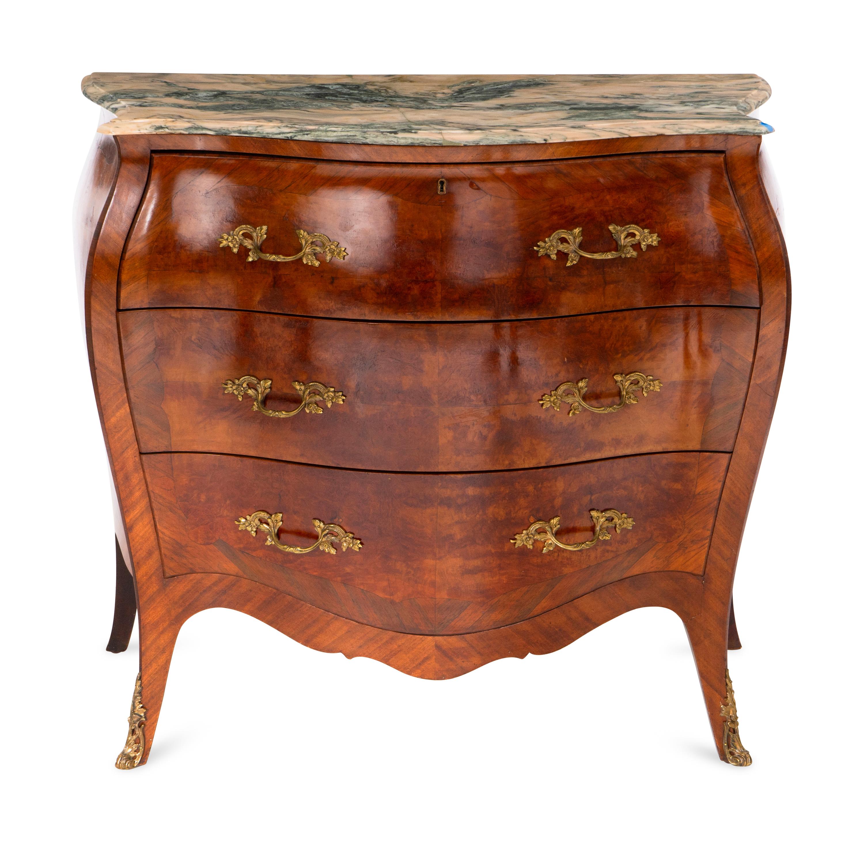 An Italian Bombe-Form Burled Walnut Three-Piece Bedroom Suite with Marble Tops