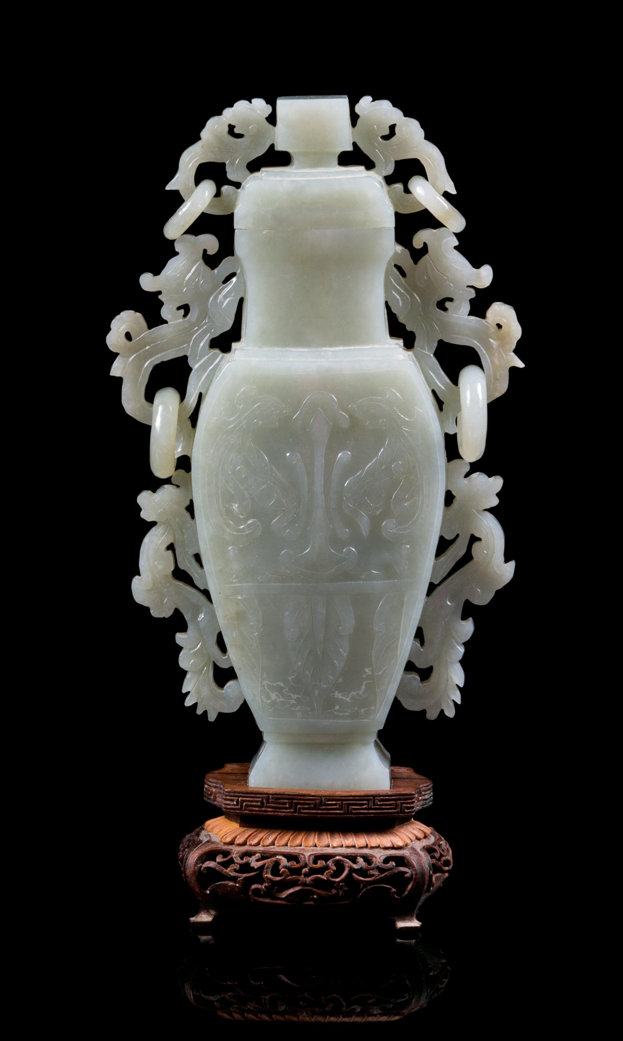 A Celadon Jade Vase and Cover Height of jade 7 7/8 inches.