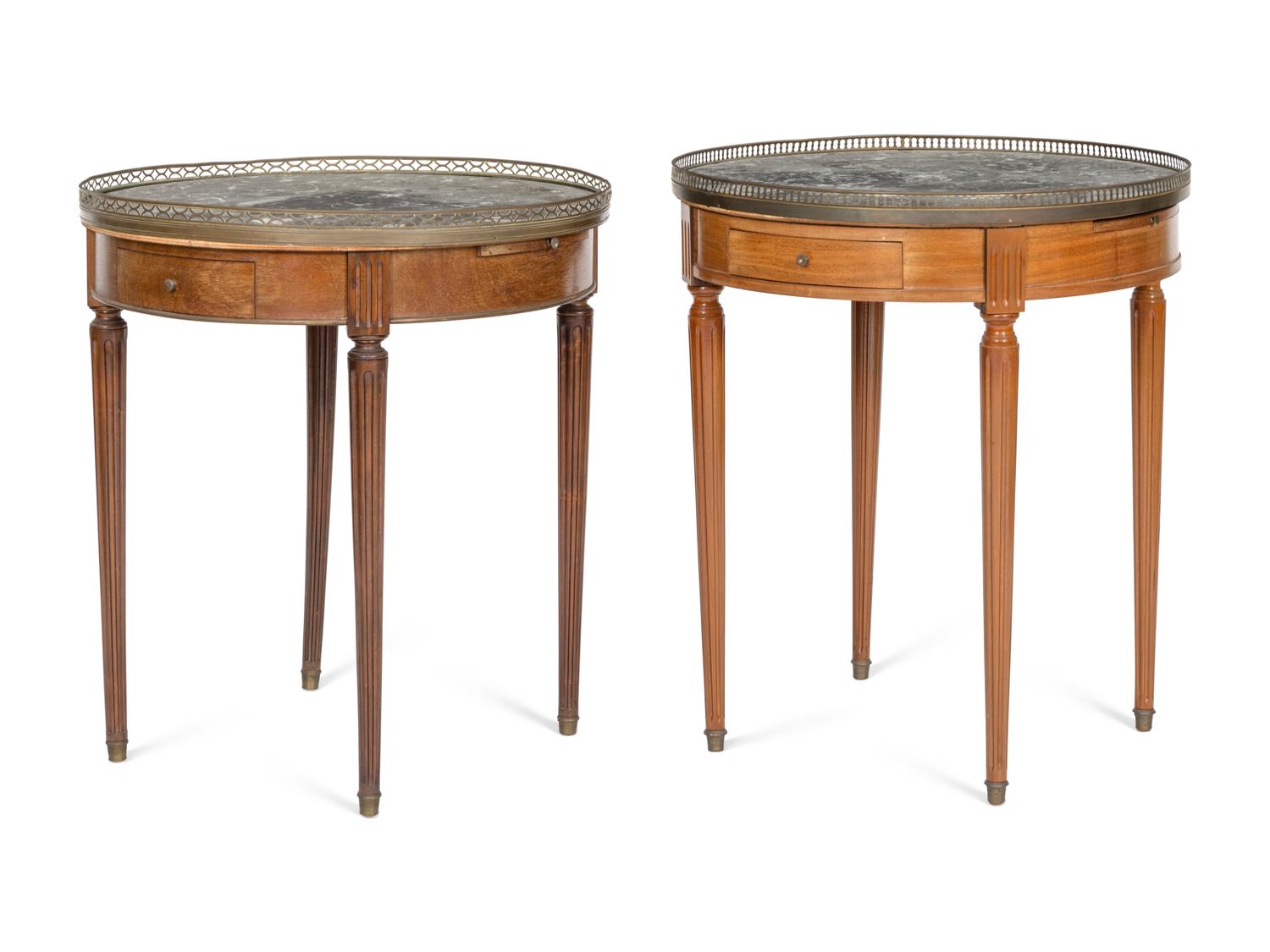 A Near Pair of Louis XVI Style Brass Mounted Mahogany Marble-Top Side Tables