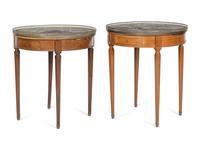 A Near Pair of Louis XVI Style Brass Mounted Mahogany Marble-Top Side Tables
