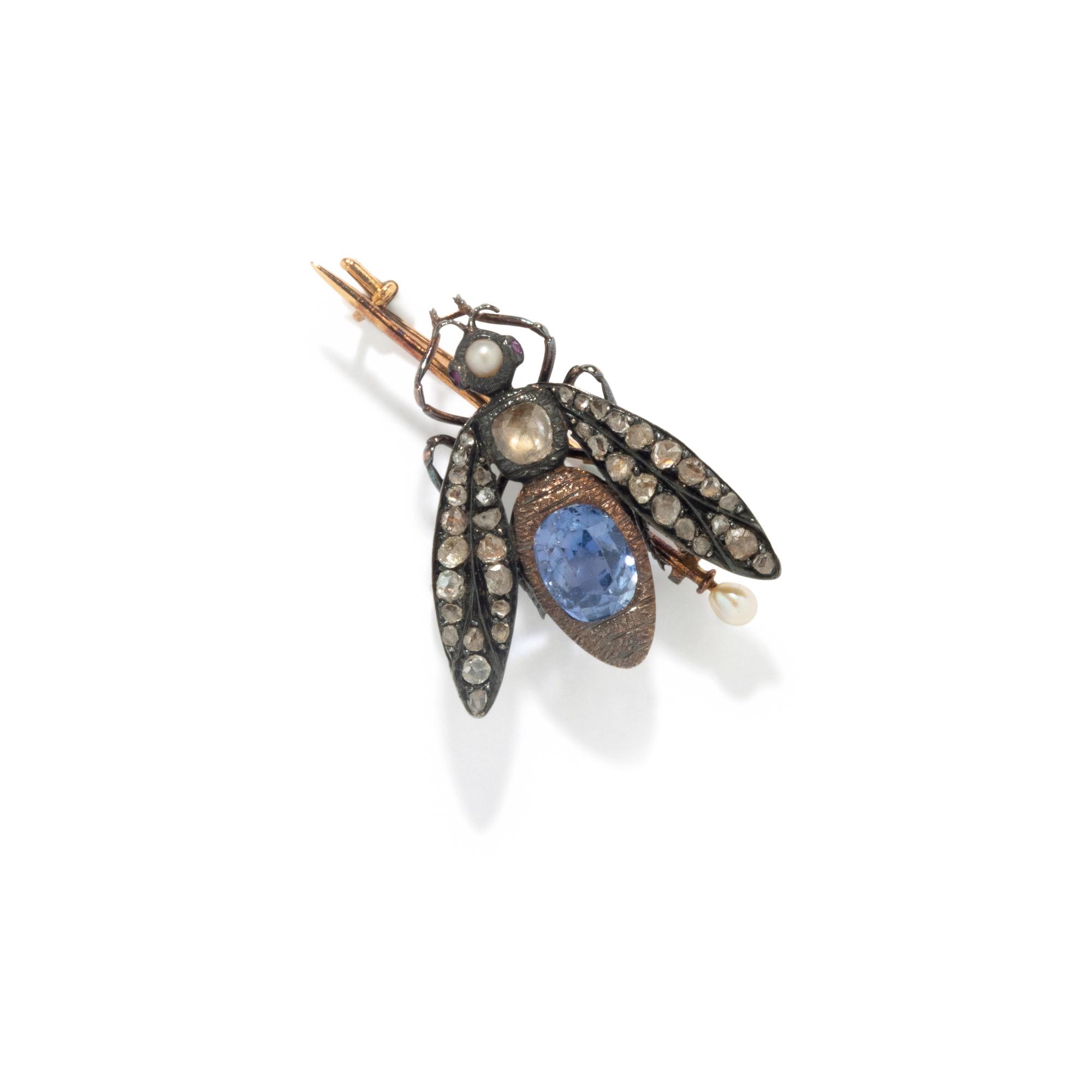 FRENCH, ANTIQUE, SAPPHIRE, DIAMOND, AND CULTURED PEARL INSECT BROOCH