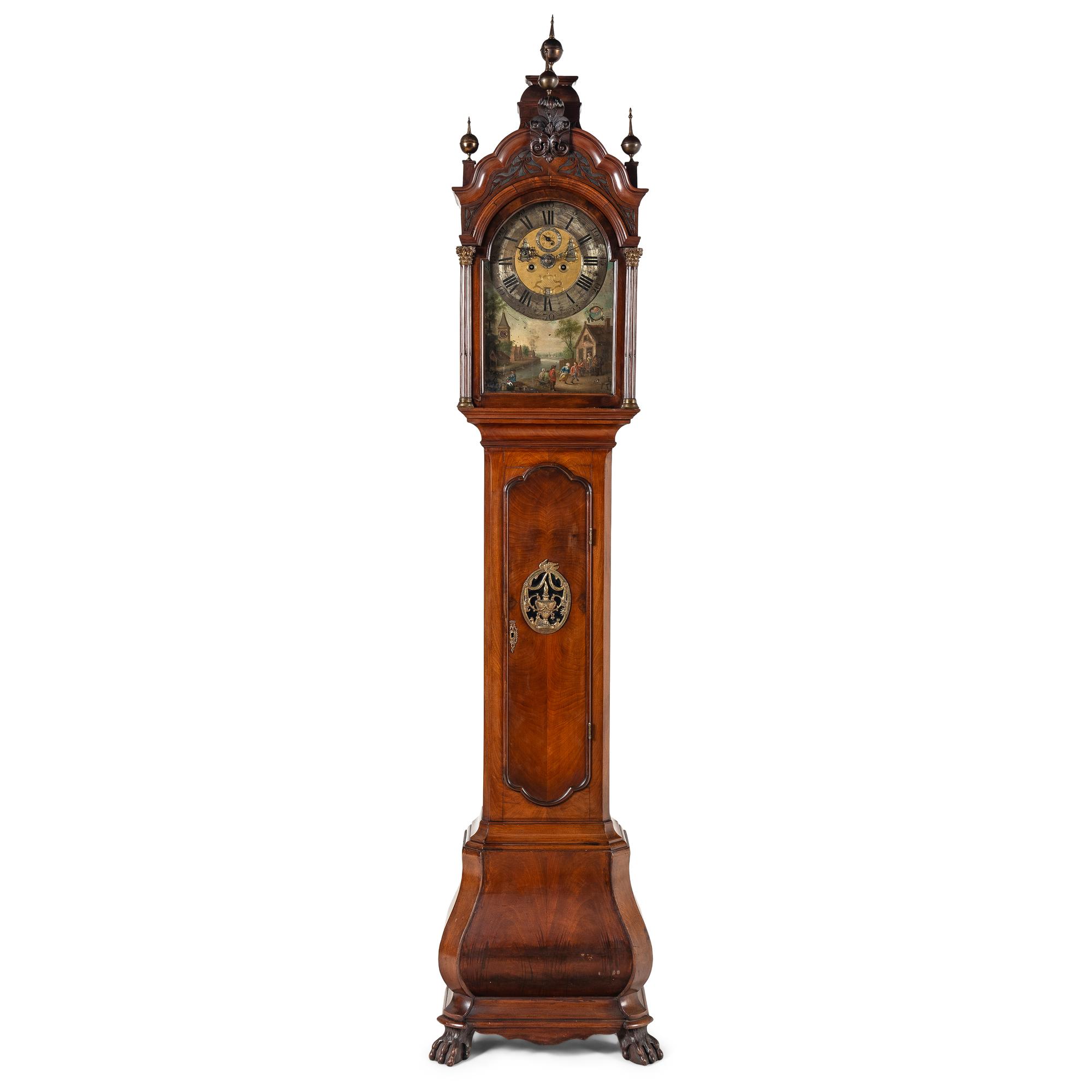 A Dutch Walnut and Gilt Metal Mounted Tall Case Clock