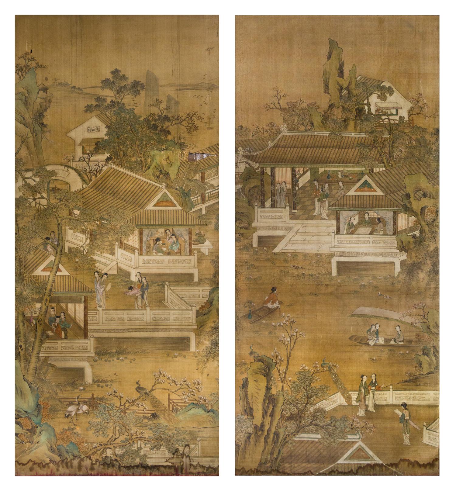 Two Ink and Color on Paper Paintings LIKELY 19TH/EARLY 20TH CENTURY Height 78 5/8 x width 34 5/8 inches. — LIKELY 19TH/EARLY 20TH CENTURY