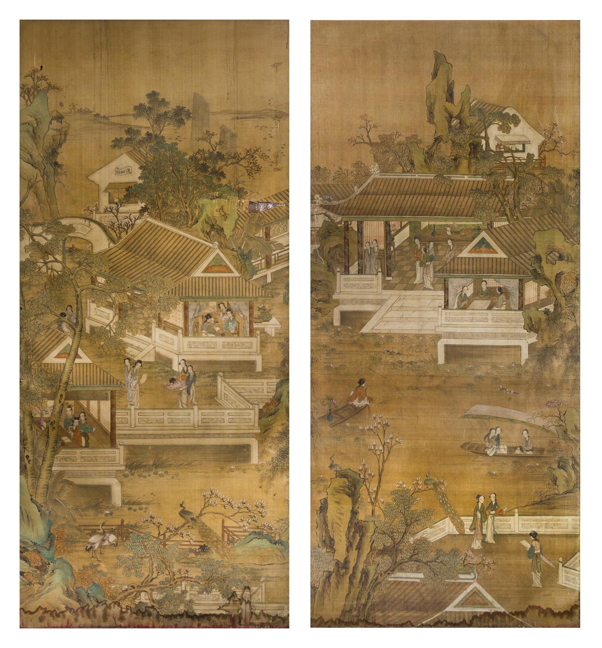 Two Ink and Color on Paper Paintings LIKELY 19TH/EARLY 20TH CENTURY Height 78 5/8 x width 34 5/8 inches. — LIKELY 19TH/EARLY 20TH CENTURY