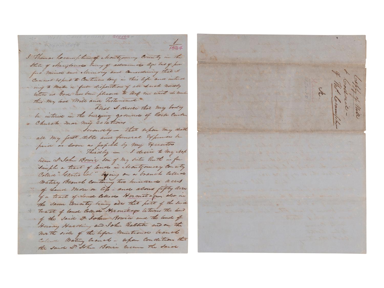[ENSLAVEMENT] Last will and testament of Thomas Cramphin of Montgomery County, MD, involving slaves