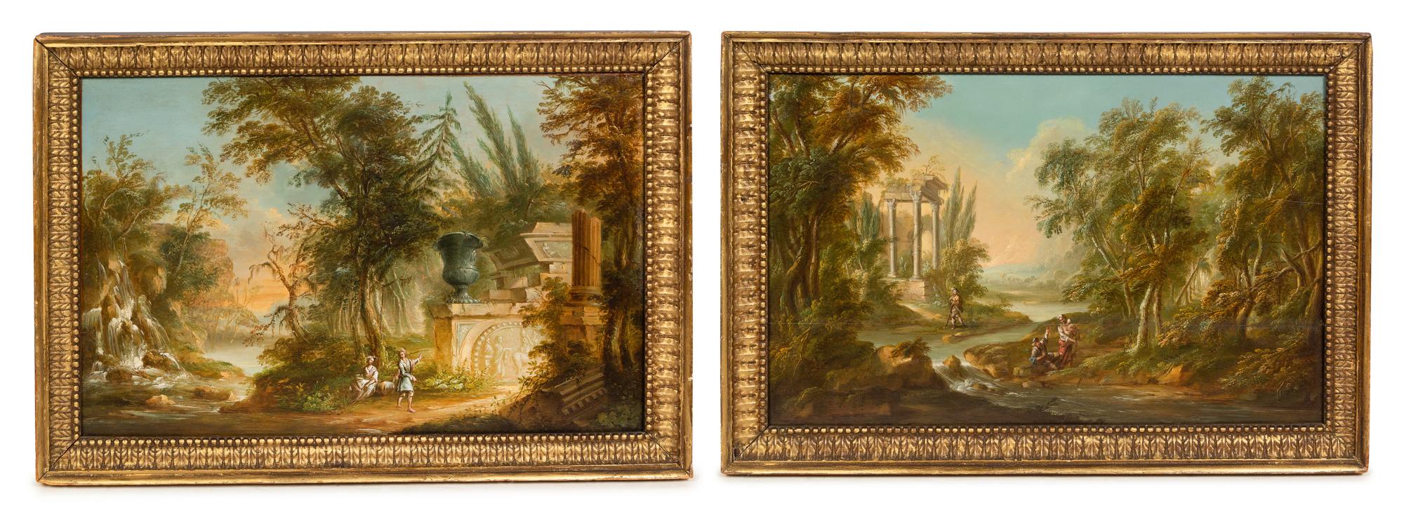 Continental School, (19th Century), Landscapes with Figures and Ruins (a pair)
