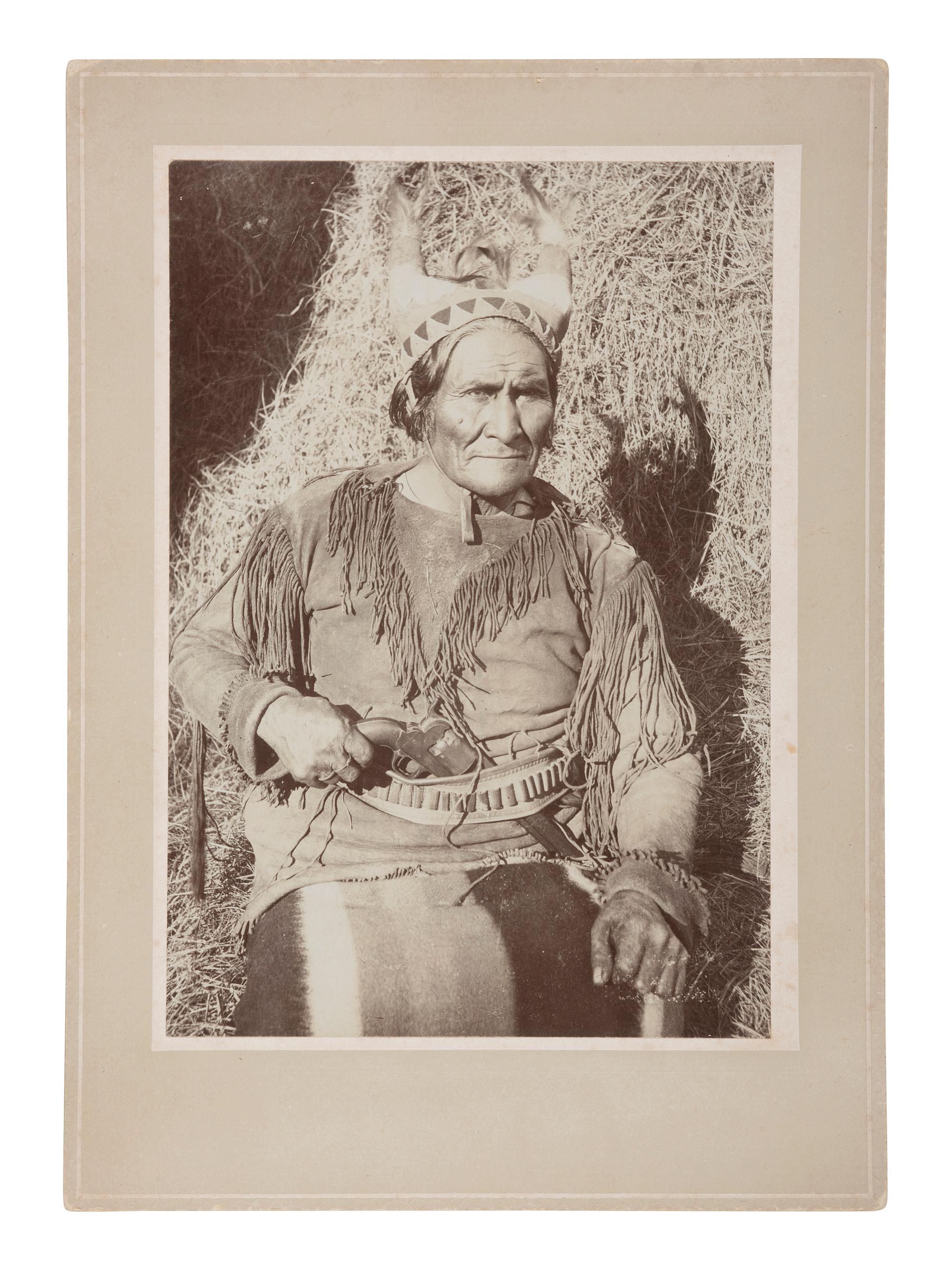 [NATIVE AMERICANS]. IRWIN, William E. (1871-1935), photographer. Cabinet card of Geronimo. [Chickasha, Indian Territory], ca 1890.