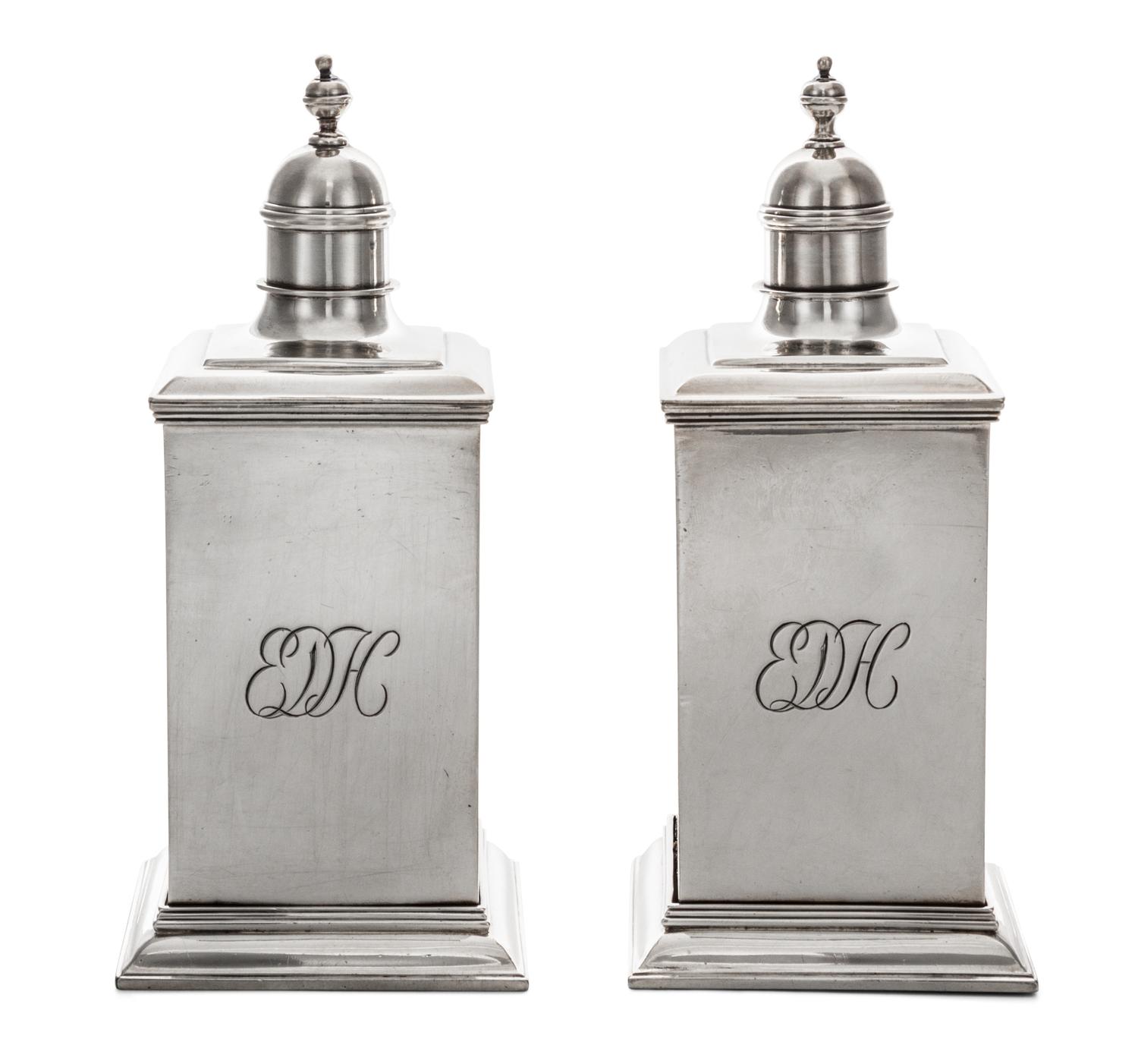 A Pair of George V Silver Casters, Crichton Bros., London, 1915, tall rectangular form, engraved EDH.