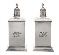 A Pair of George V Silver Casters, Crichton Bros., London, 1915, tall rectangular form, engraved EDH.