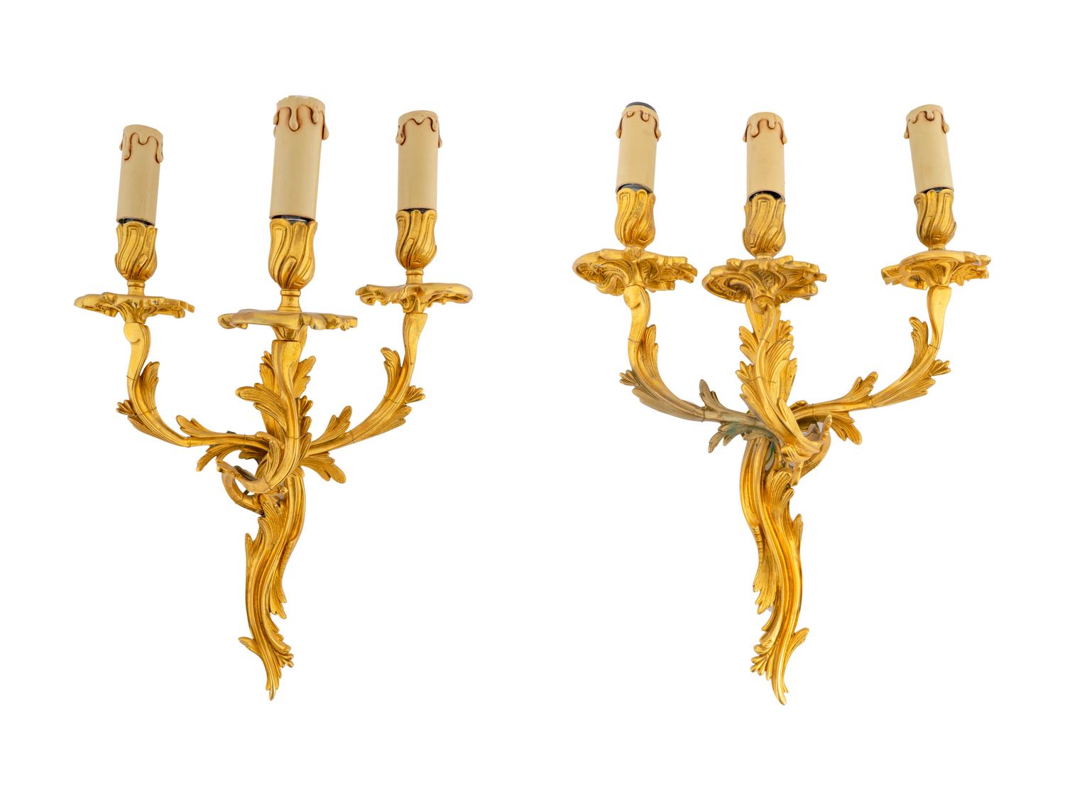 A Pair of Louis XV Style Gilt Bronze Three Light Wall Scones — 20TH CENTURY
