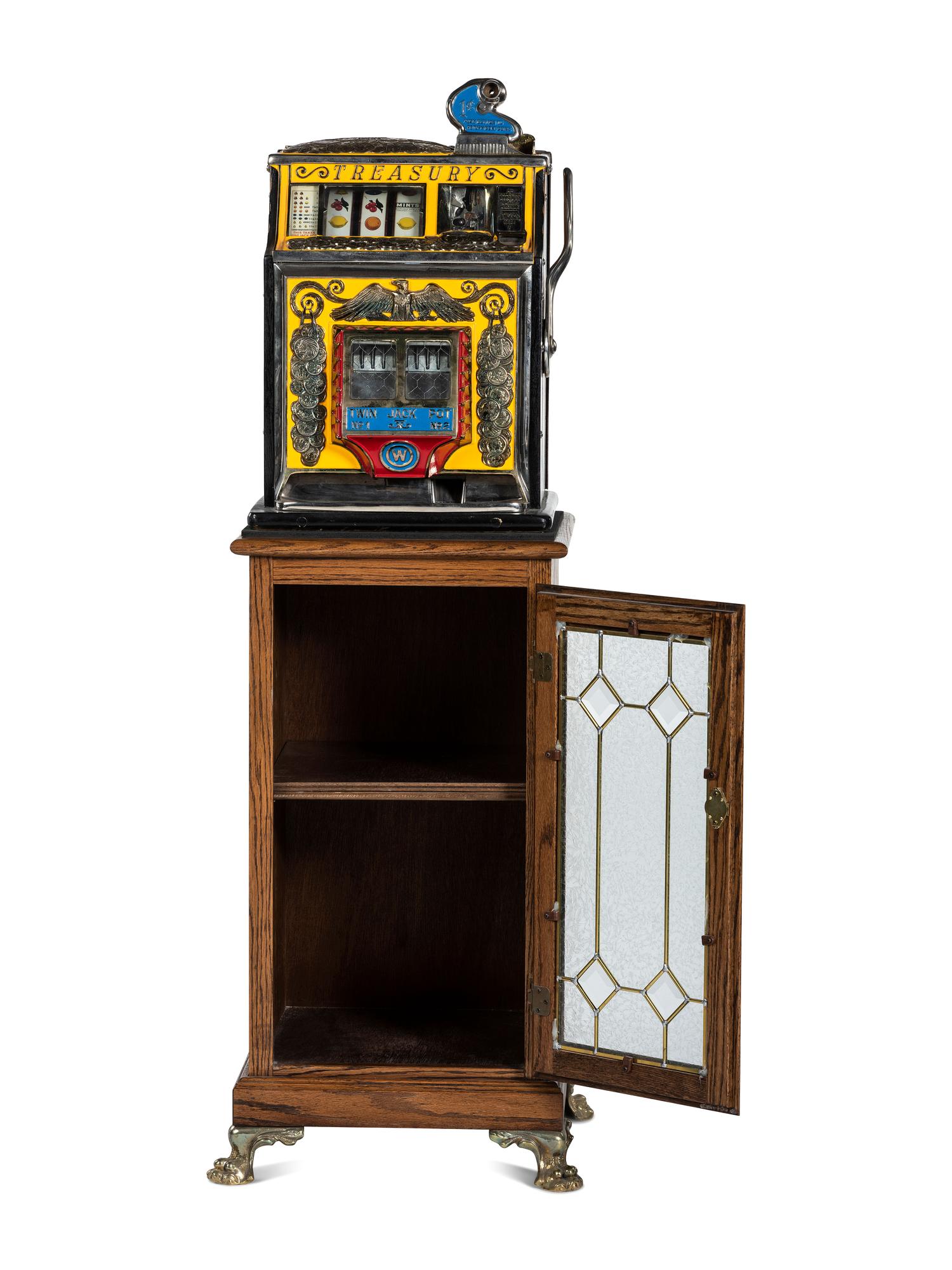 A 1 Cent Treasury Twin Jackpot Slot Machine on Stand